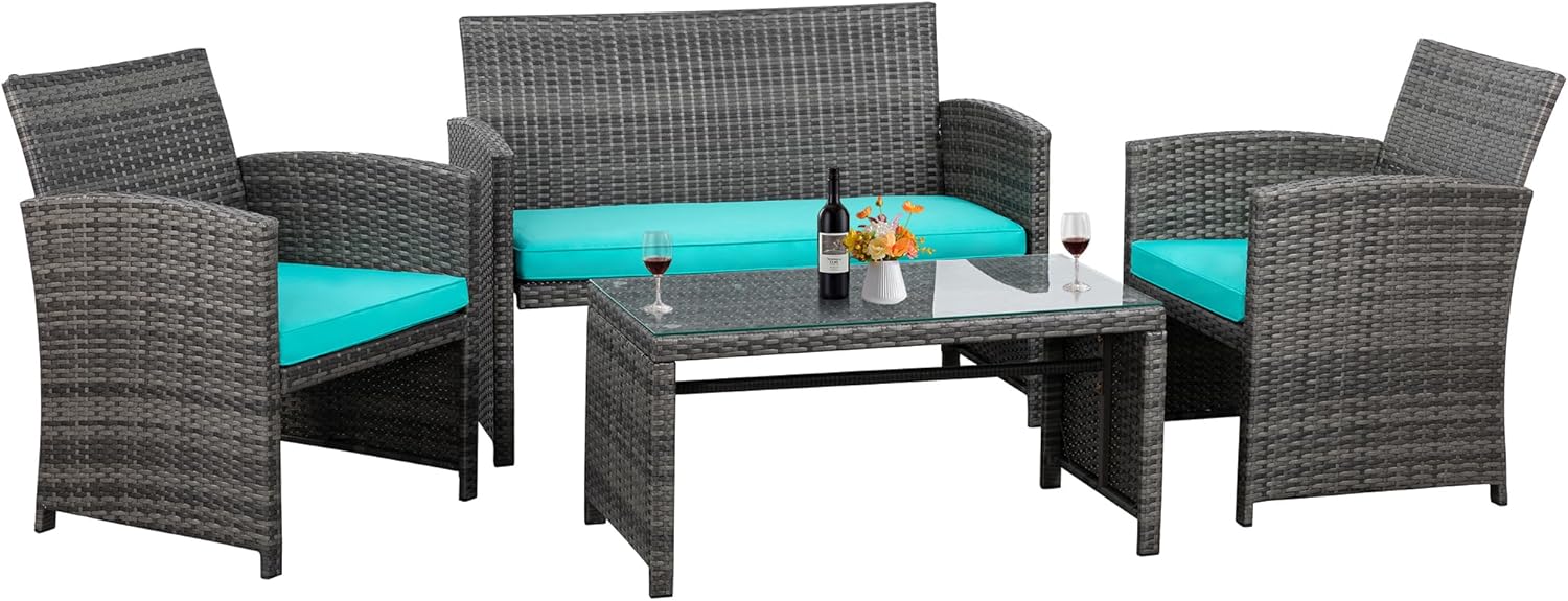 Shintenchi 4 Piece Patio Ratten Set Outdoor Furniture Set Wicker Conversation Set wourant