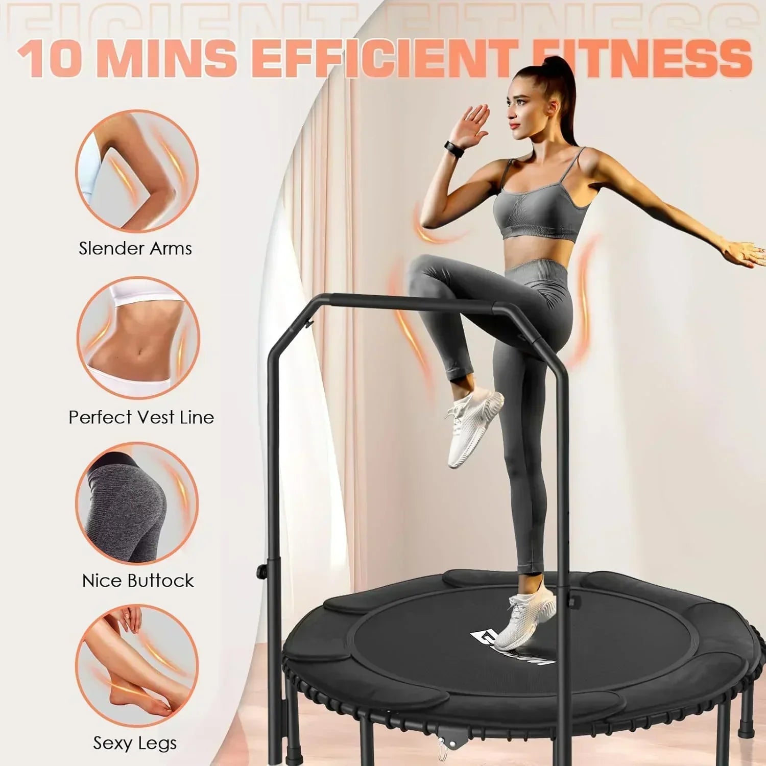 BCAN 450/550 LBS Foldable Mini Trampoline Fitness Trampoline Bungees Adjustable Foam Handle wourant
