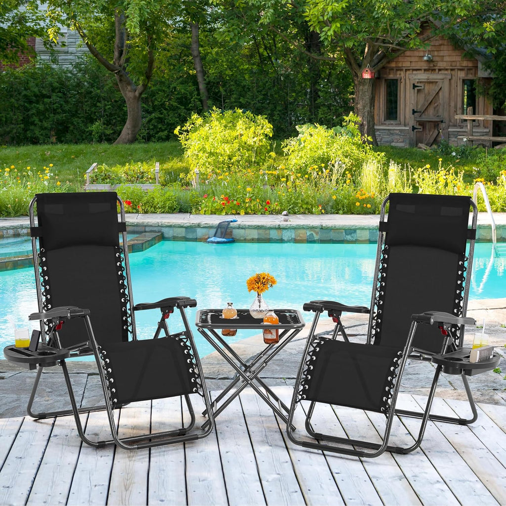 3PCS Zero Gravity Recliner Portable Outdoor Reclining Chair Set Side Table Lounge Chairs wourant