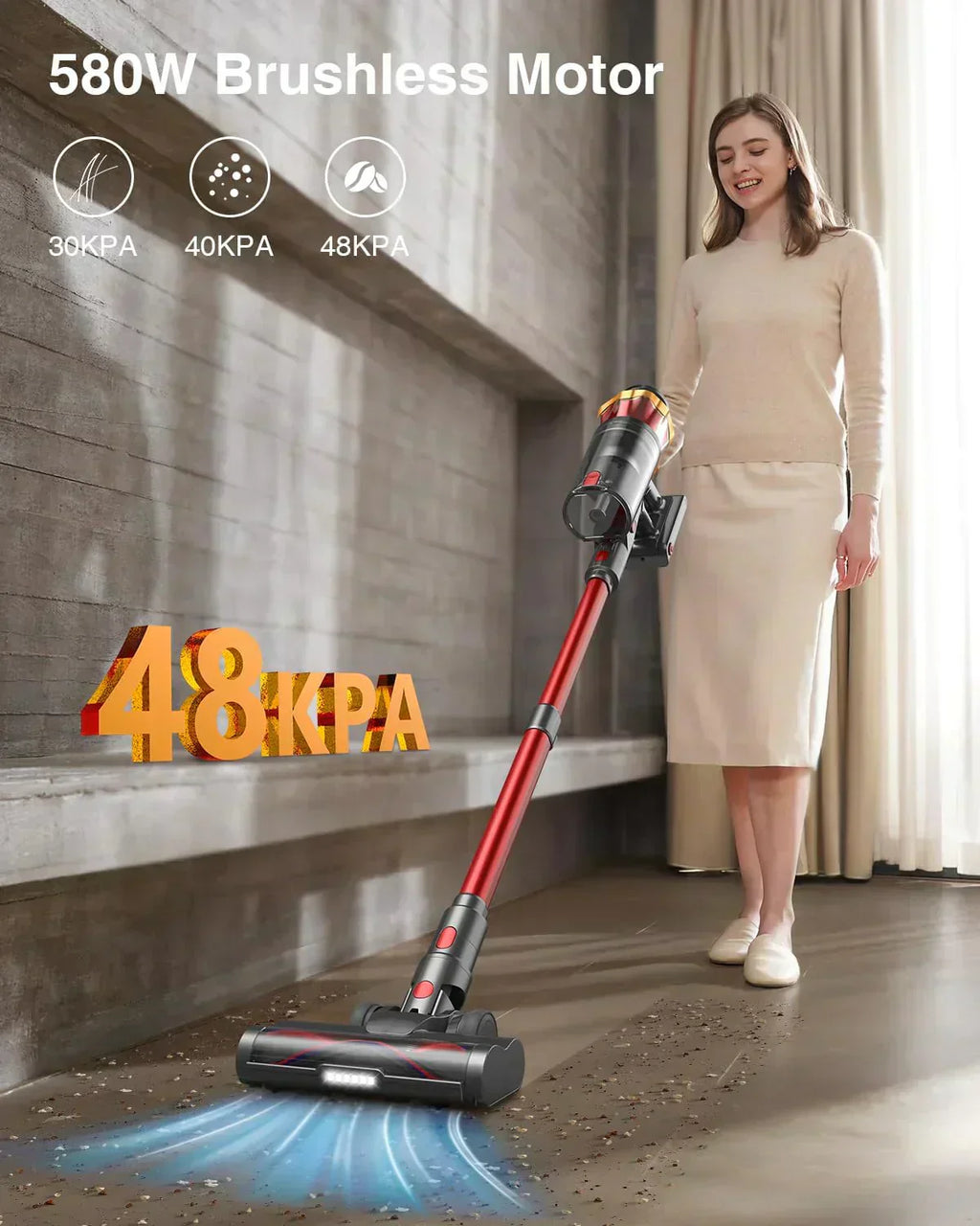 Cordless Vacuum Cleaner 580W 48KPA 65Mins Vacuum Cleaners for Home Self-Standing Stick Vacuum wourant