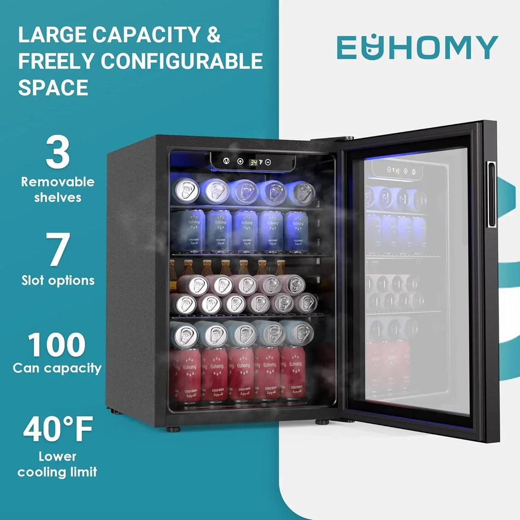 EUHOMY Beverage Refrigerator Cooler 130 Can Mini Fridge with Glass Door Beverage Cooler wourant