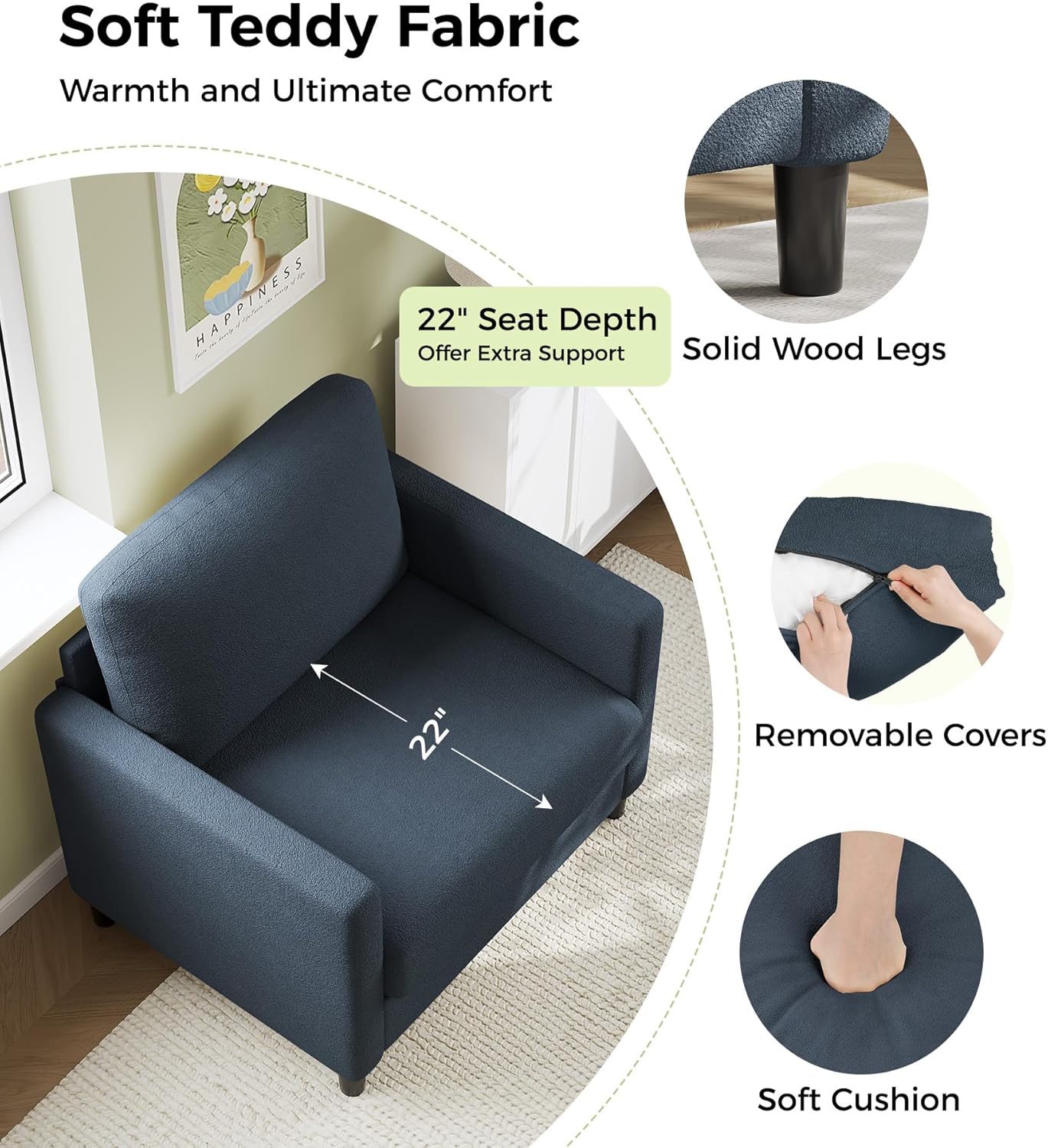 Loveseat Sofa 51" Love Seat Comfy Corduroy Small Loveseat Tool-Free Setup Couch wourant
