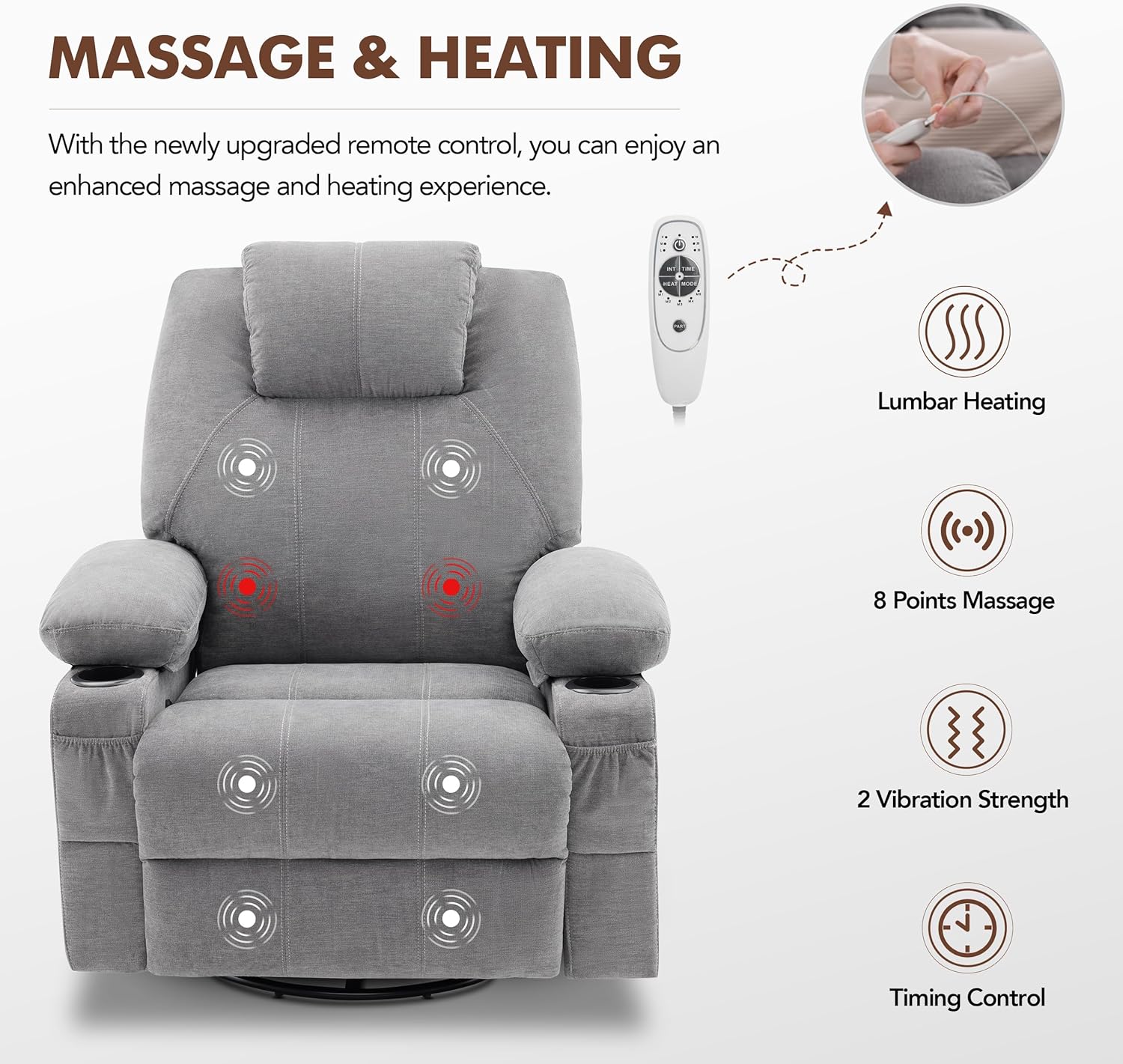 Large Swivel Rocking Recliner with Massage Function 360 Degree Swivel Rocking Single Sofa wourant