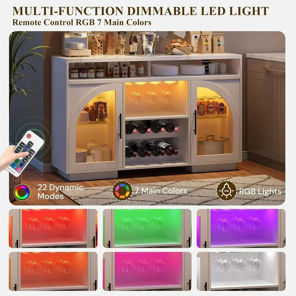 Sideboard 54-inch kitchen cabinet with LED lights and arched glass doors tall bar cabinet wourant