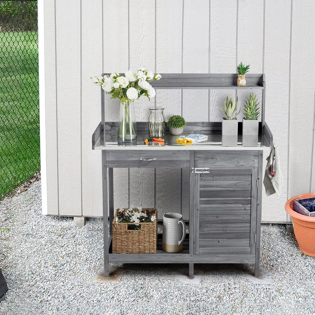 Yaheetech Outdoor Garden Potting Bench Table Work Bench Metal Tabletop Cabinet Drawer wourant