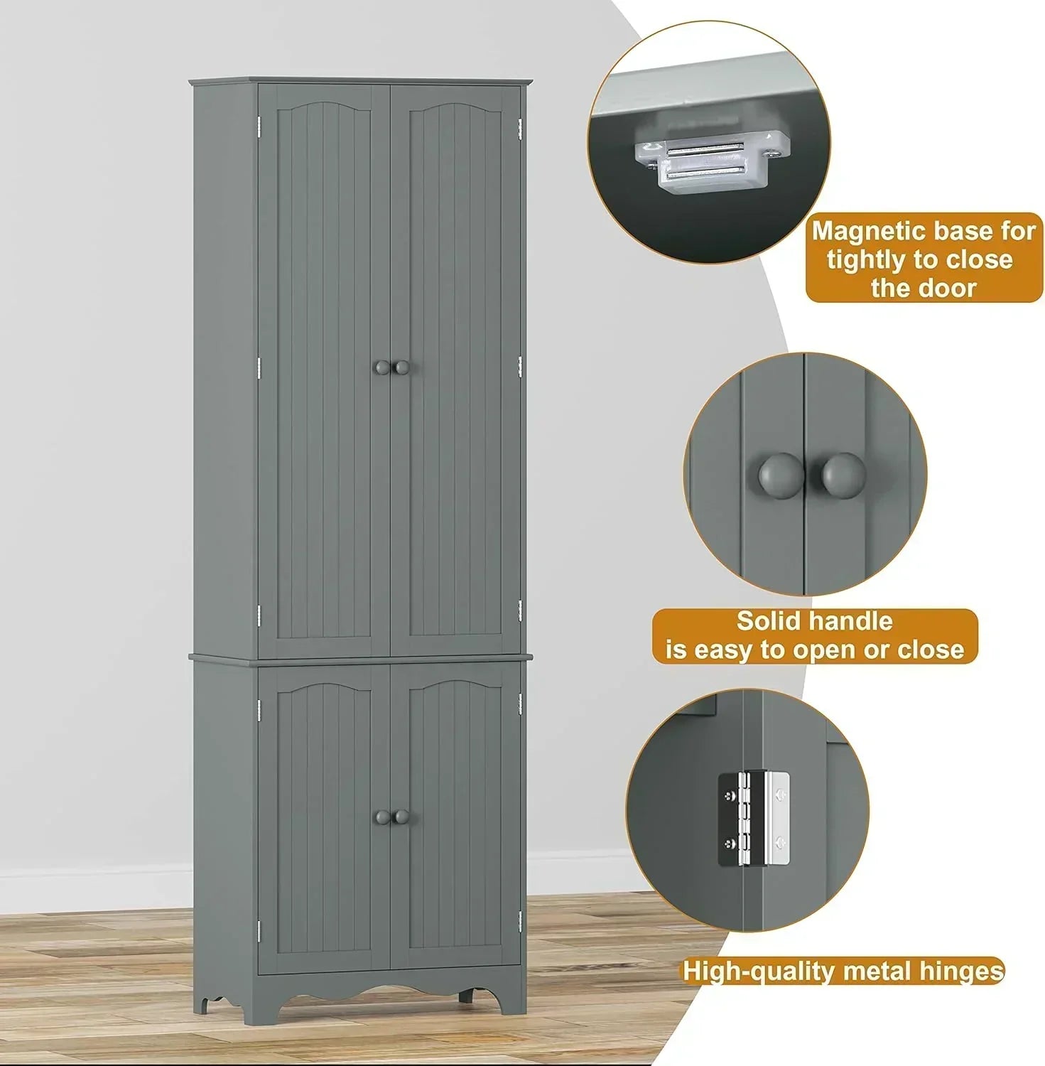 Tall Pantry Cabinet Freestanding Storage Cabinet Wooden Kitchen Pantry with 4 Doors wourant