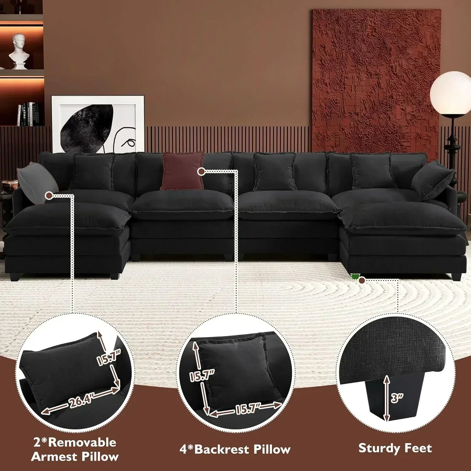 111.4 Inch L Shaped Modern Sofa Modular Cloud Sofa with Ottoman 4 Seater Chenille Deep Seat Sofa wourant