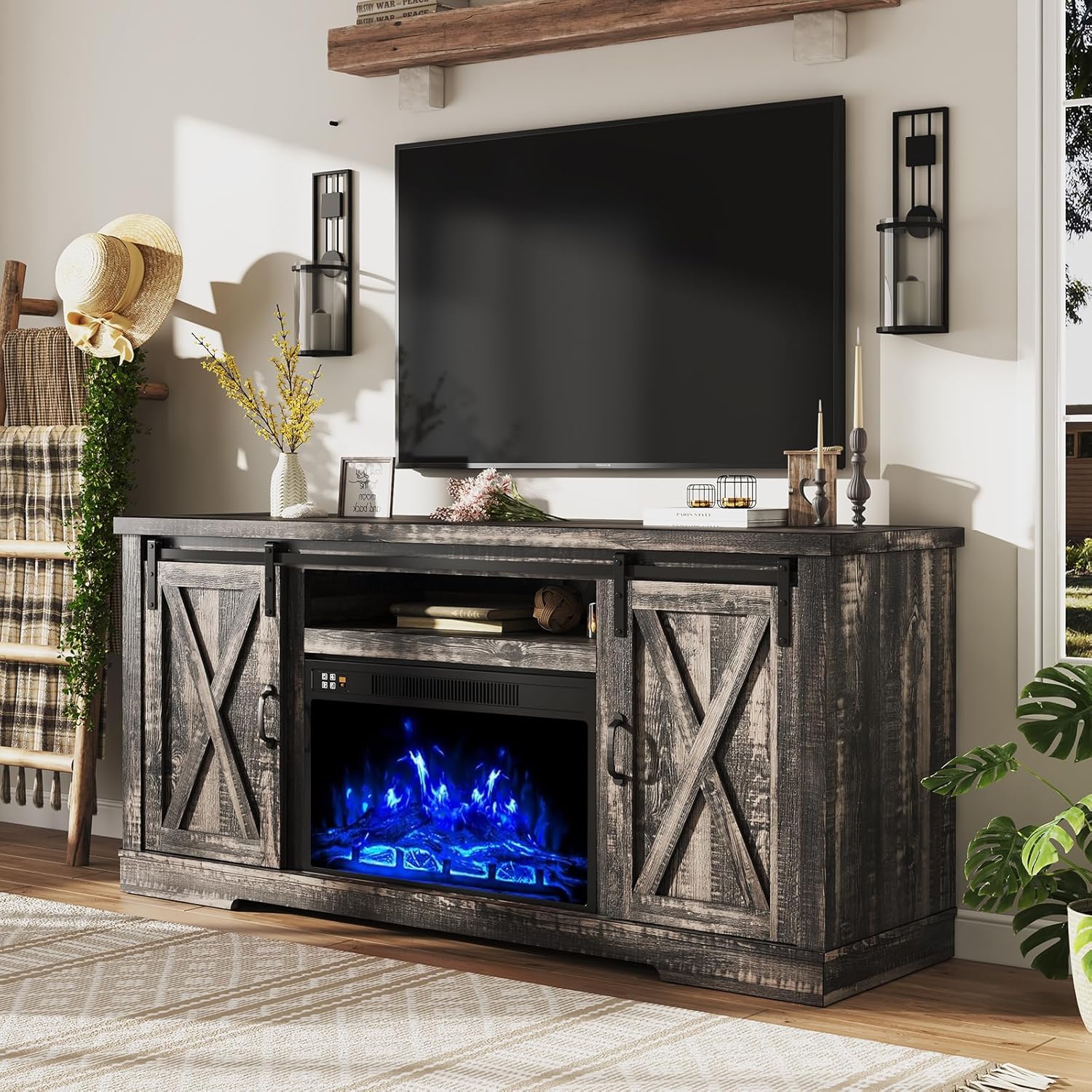 AMERLIFE Fireplace TV Stand with Sliding Barn Door  Farmhouse 63" Fireplace Entertainment Center wourant