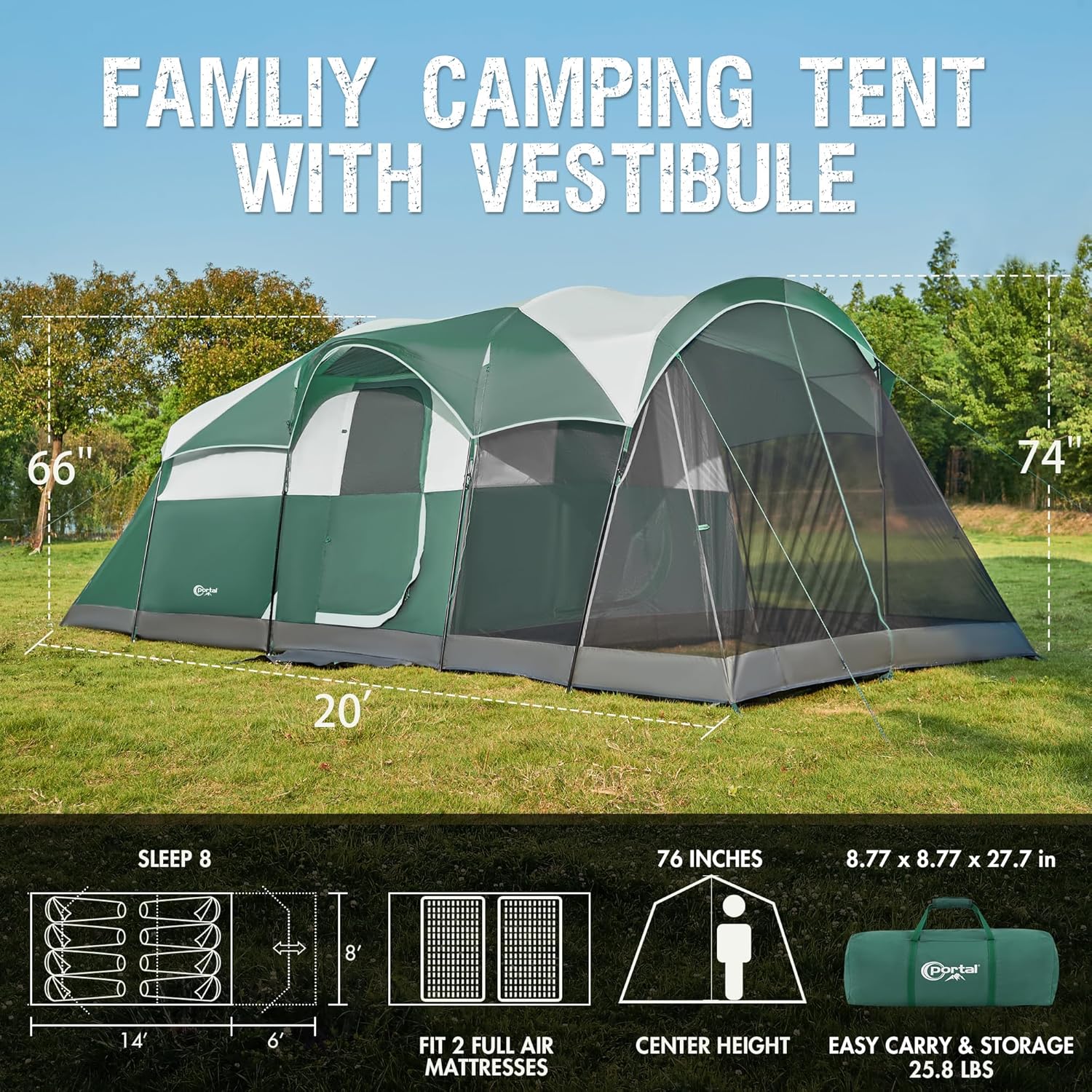 PORTAL 6/8/10 Person Family Camping Tent with Screen Room Water Resistant Big Tunnel Tent wourant