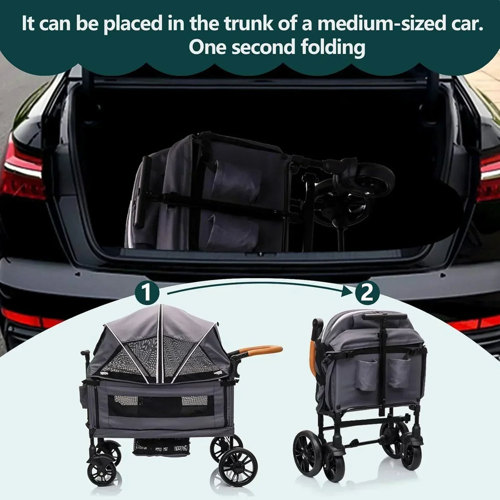 Wagon Stroller for 2 Kids Cargo-Travel Stroller Push-Pull Double Wagon Lightweight Folding Stroller wourant