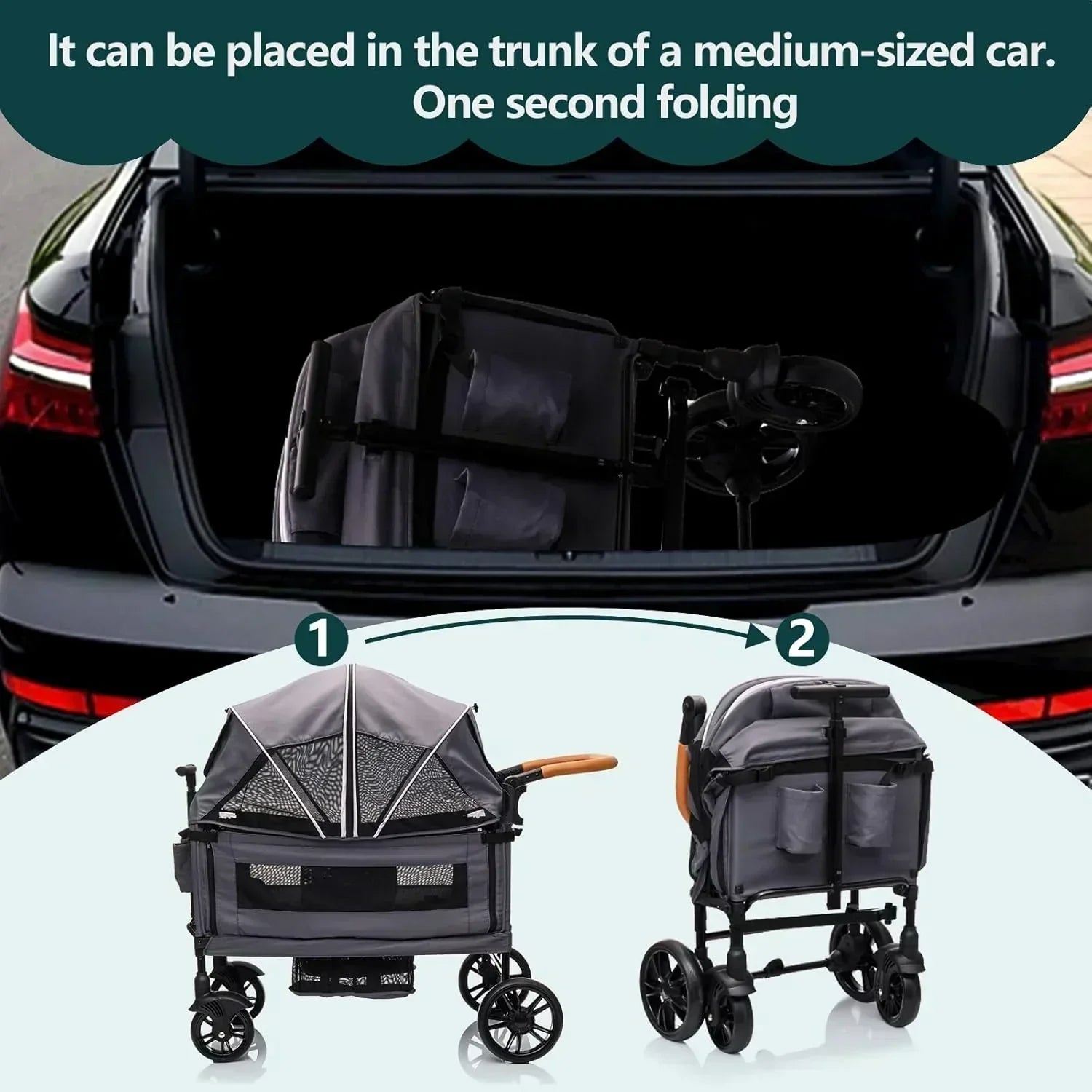 Wagon Stroller for 2 Kids Cargo-Travel Stroller Push-Pull Double Wagon Lightweight Folding Stroller wourant