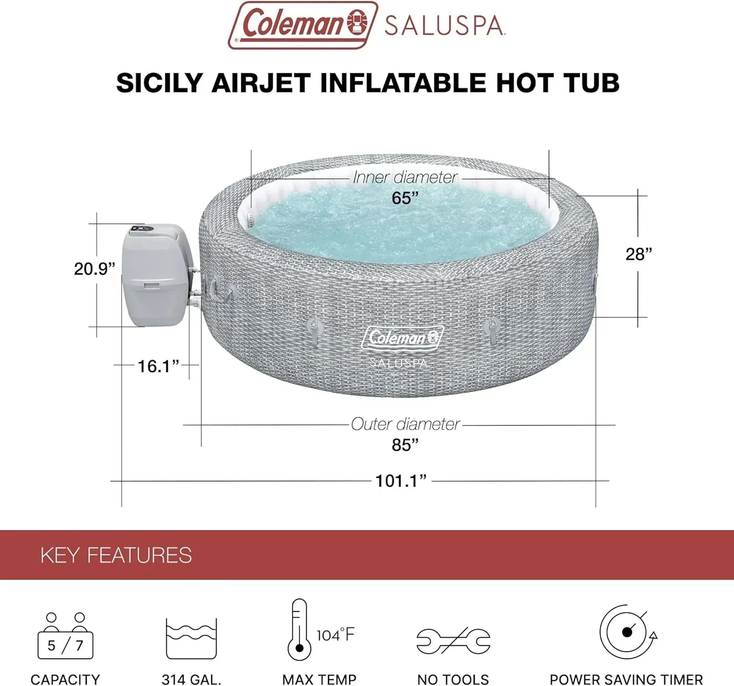SaluSpa Sicily AirJet 7 Person Inflatable Hot Tub Round Portable Outdoor Spa 180 Soothing AirJets wourant