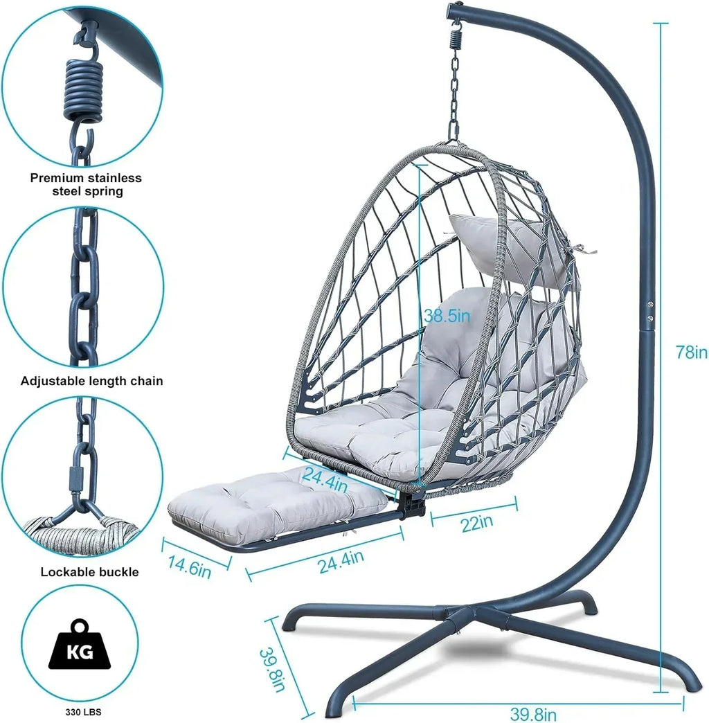 Hanging Egg Chair with Stand and Leg Rest Rattan Wicker Swing Hammock Chair UV-Resistant Cushion wourant