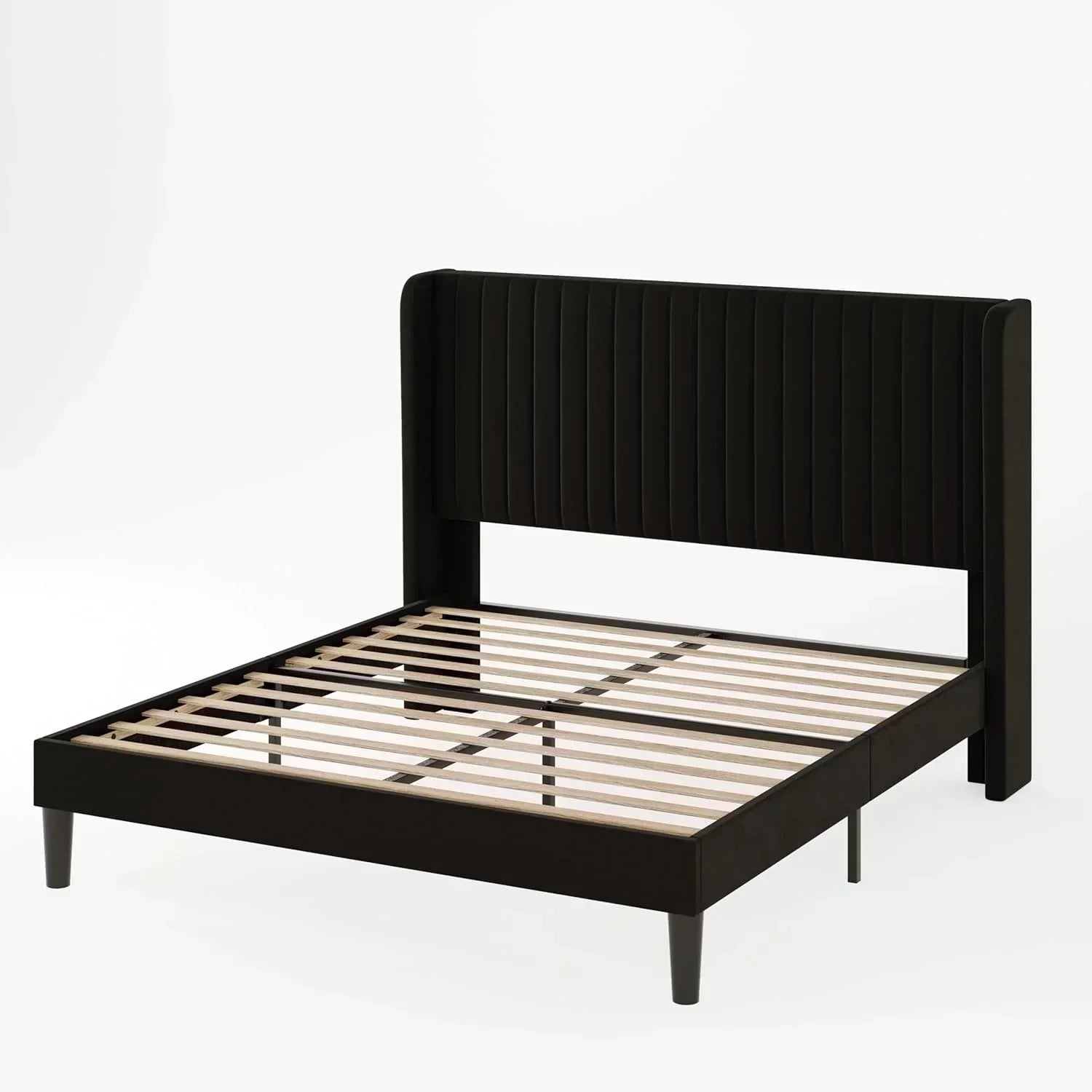 Allewie Full Size Velvet Bed Frame Vertical Channel Tufted Wingback Headboard Upholstered Bed wourant