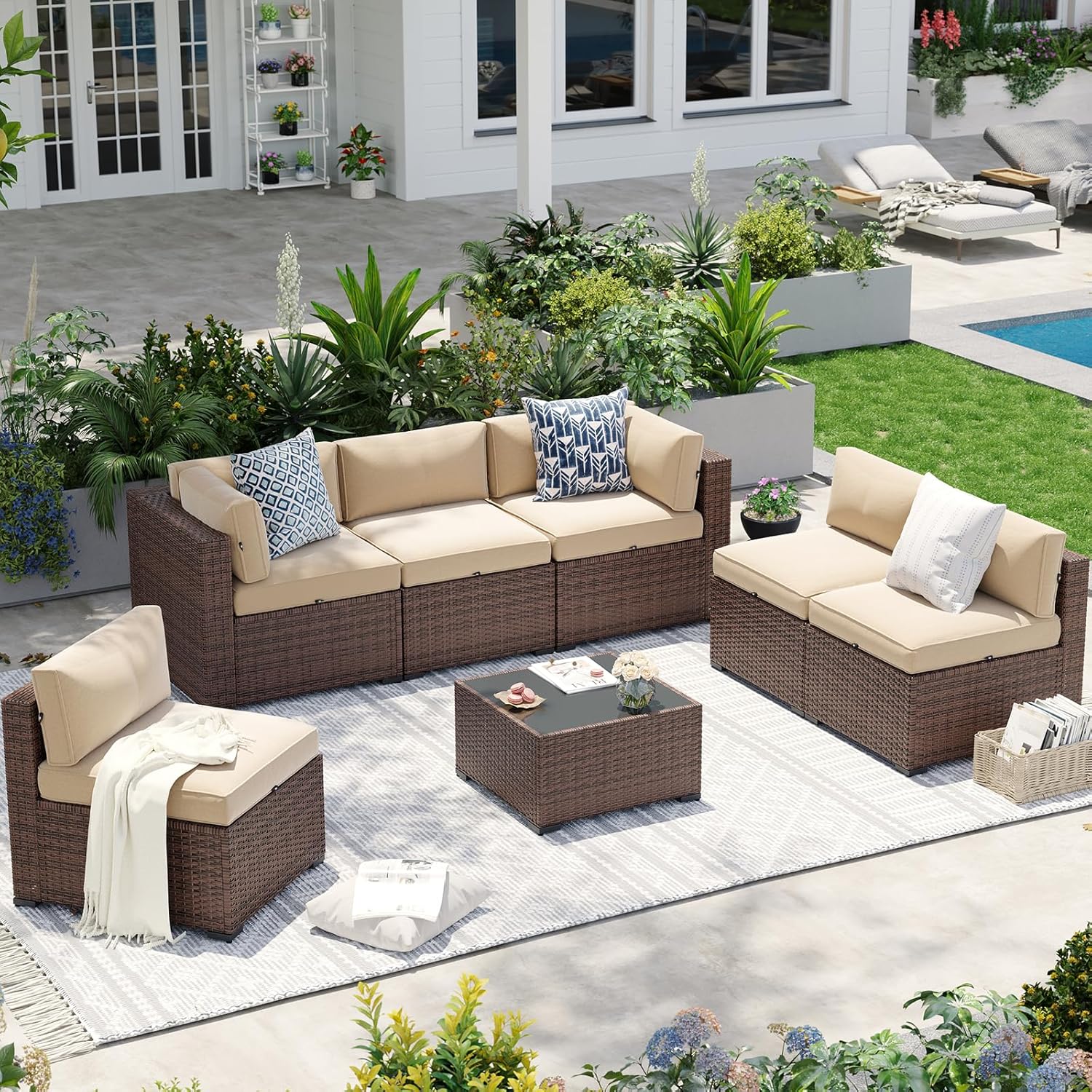 Aoxun Patio Furniture Sets, 7-Piece Outdoor Patio Furniture with Thick Cushions, Wicker Outdoor Conversation Set Sectional Sofa for Backyard, Poolside, Garden woonhhop