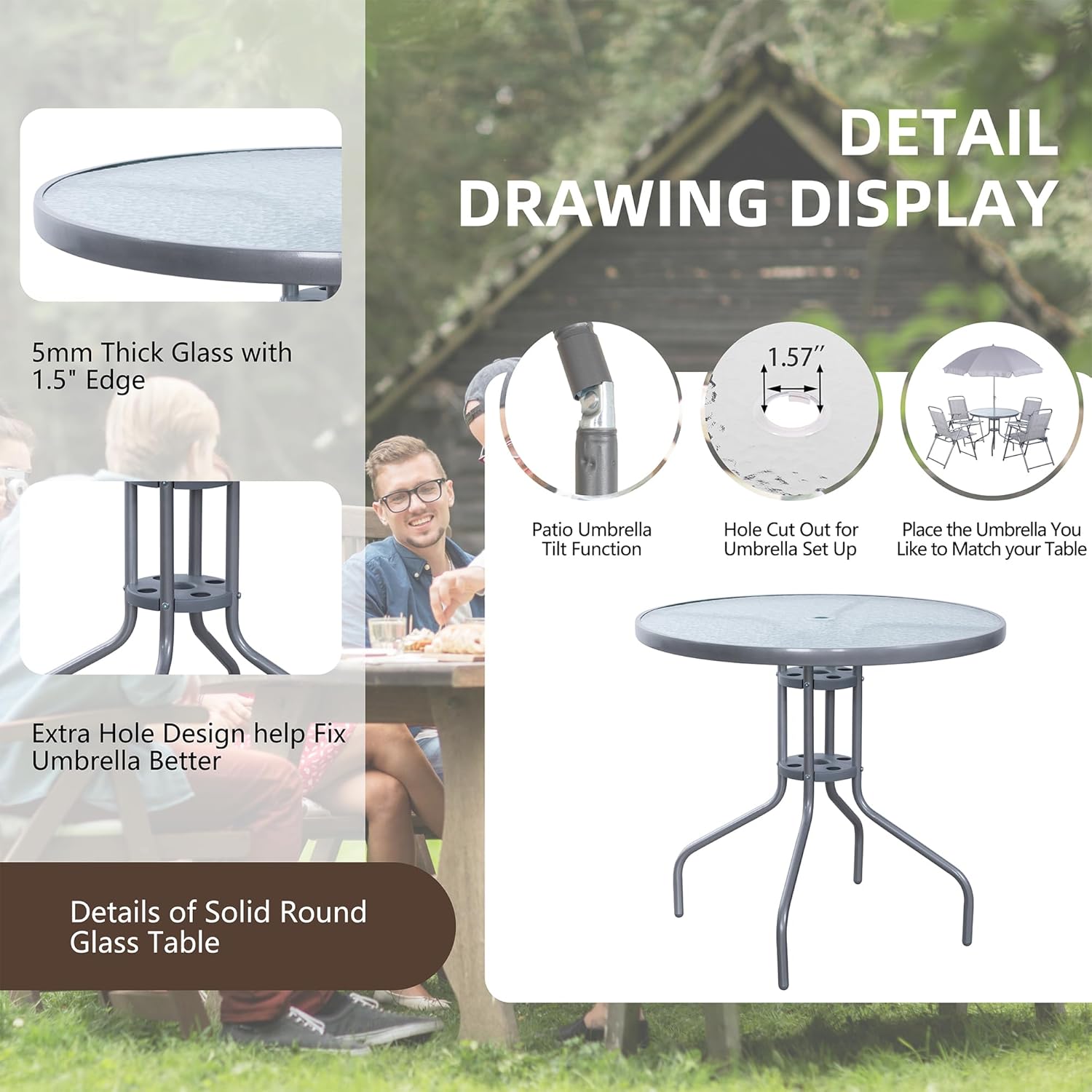Vongrasig 6 Piece Folding Patio Dining Set,Small Metal Outdoor Garden Patio Table and Chair Set w/Umbrella for Lawn,Deck,Backyard,Black wourant