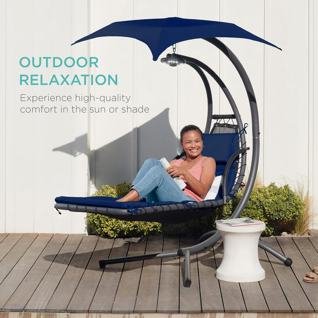 Best Choice Products Outdoor Hanging Curved Steel Chaise Lounge Chair Swing w/Built-in Pillow and Removable Canopy - Charcoal Gray wourant
