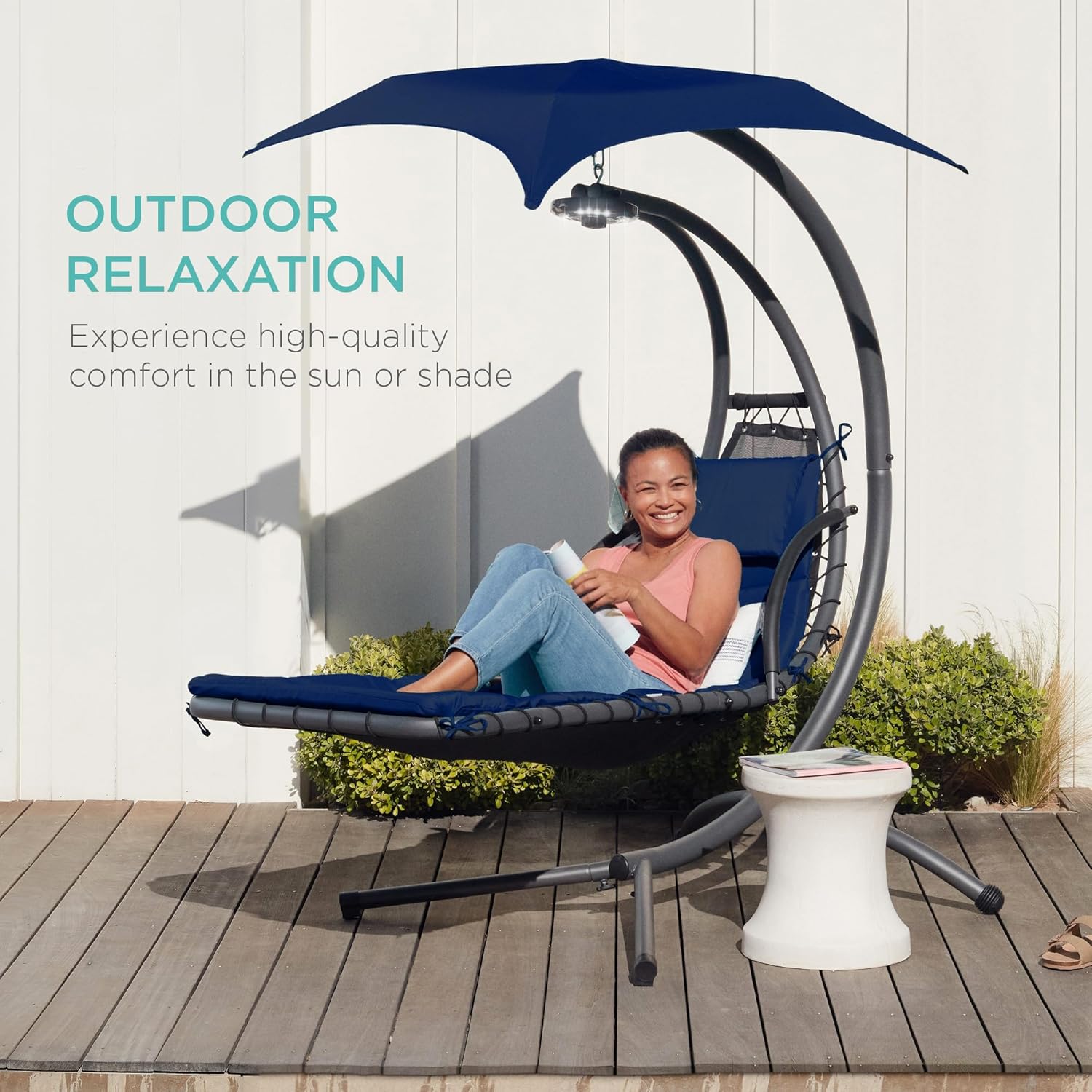 Best Choice Products Outdoor Hanging Curved Steel Chaise Lounge Chair Swing w/Built-in Pillow and Removable Canopy - Charcoal Gray wourant