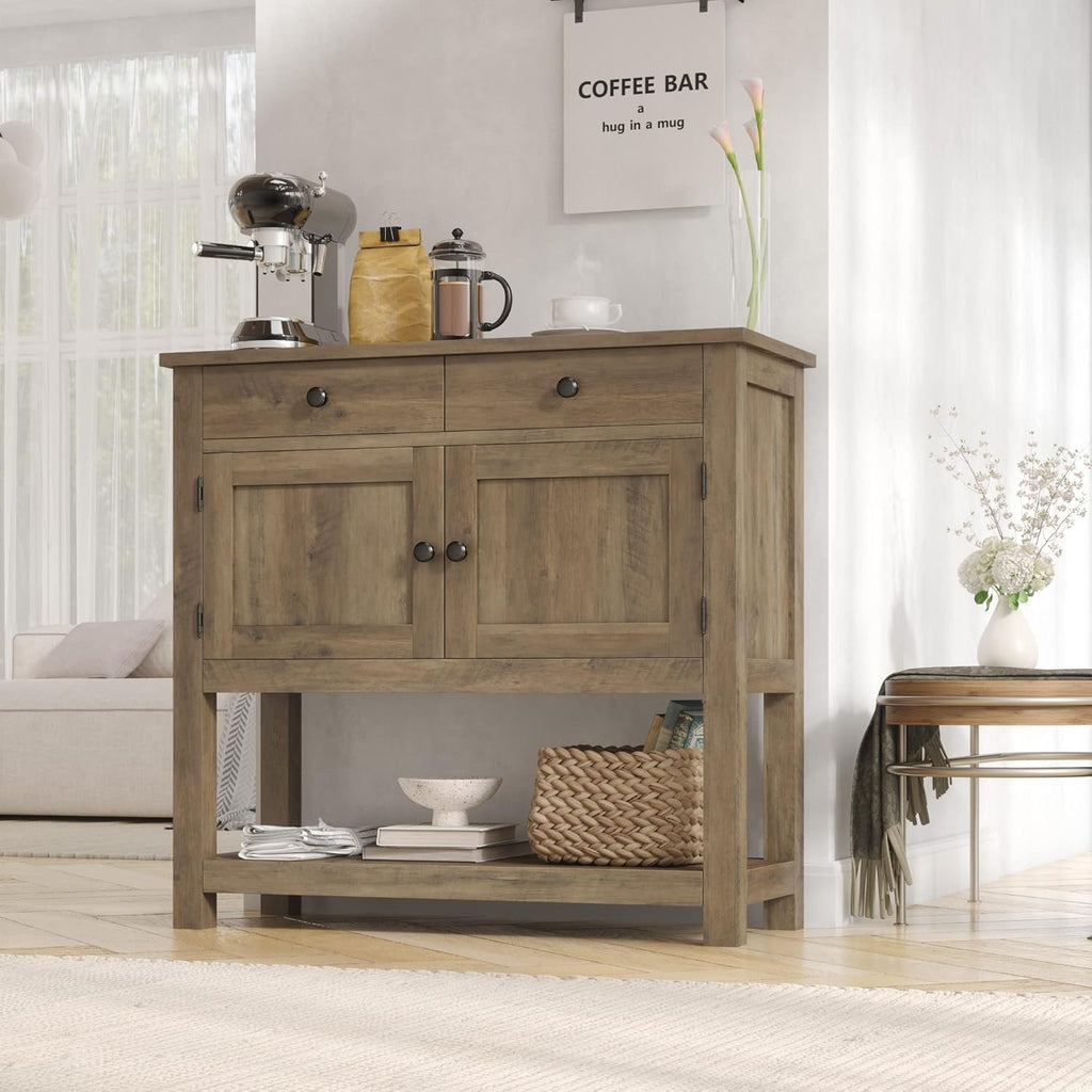 HOSTACK Farmhouse Console Table with 2-Door Cabinet & 2 Drawers, Coffee Bar, Entryway Table with Storage Shelf, Sofa Tables Buffet Sideboard for Kitchen, Hallway, Dining, Living Room, Rustic Brown wourant