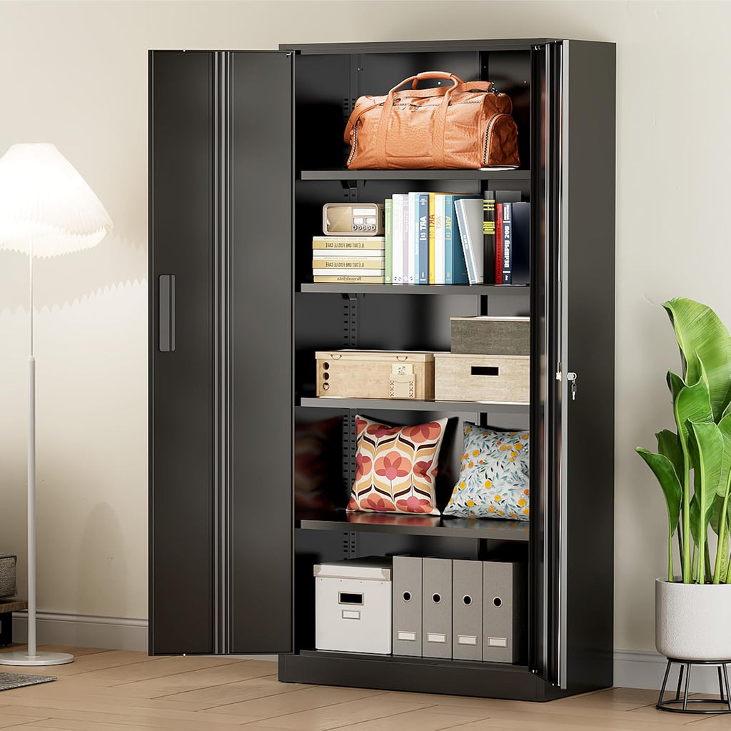 Greenvelly Metal Storage Cabinet, 72" Black Locking Metal Cabinet with 2 Doors and 4 Adjustable Shelves, Lockable Garage Storage Cabinets for Home Office, Garage, Kitchen, Living Room wourant
