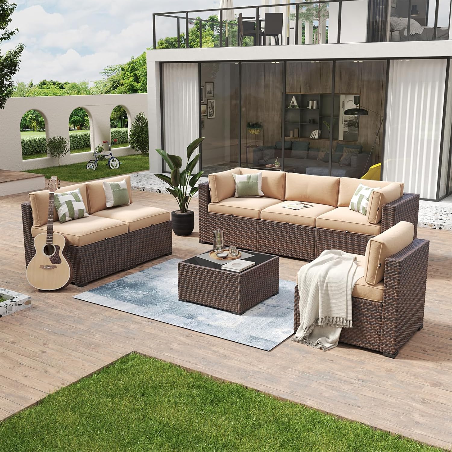 Aoxun 8 Piece Patio Furniture Set with 44?Fire Pit Table Wicker Rattan Outdoor Sectional Sofa Set with Coffee Table and Thickened Cushions, Beige (Waterproof Cover Included) woonhhop