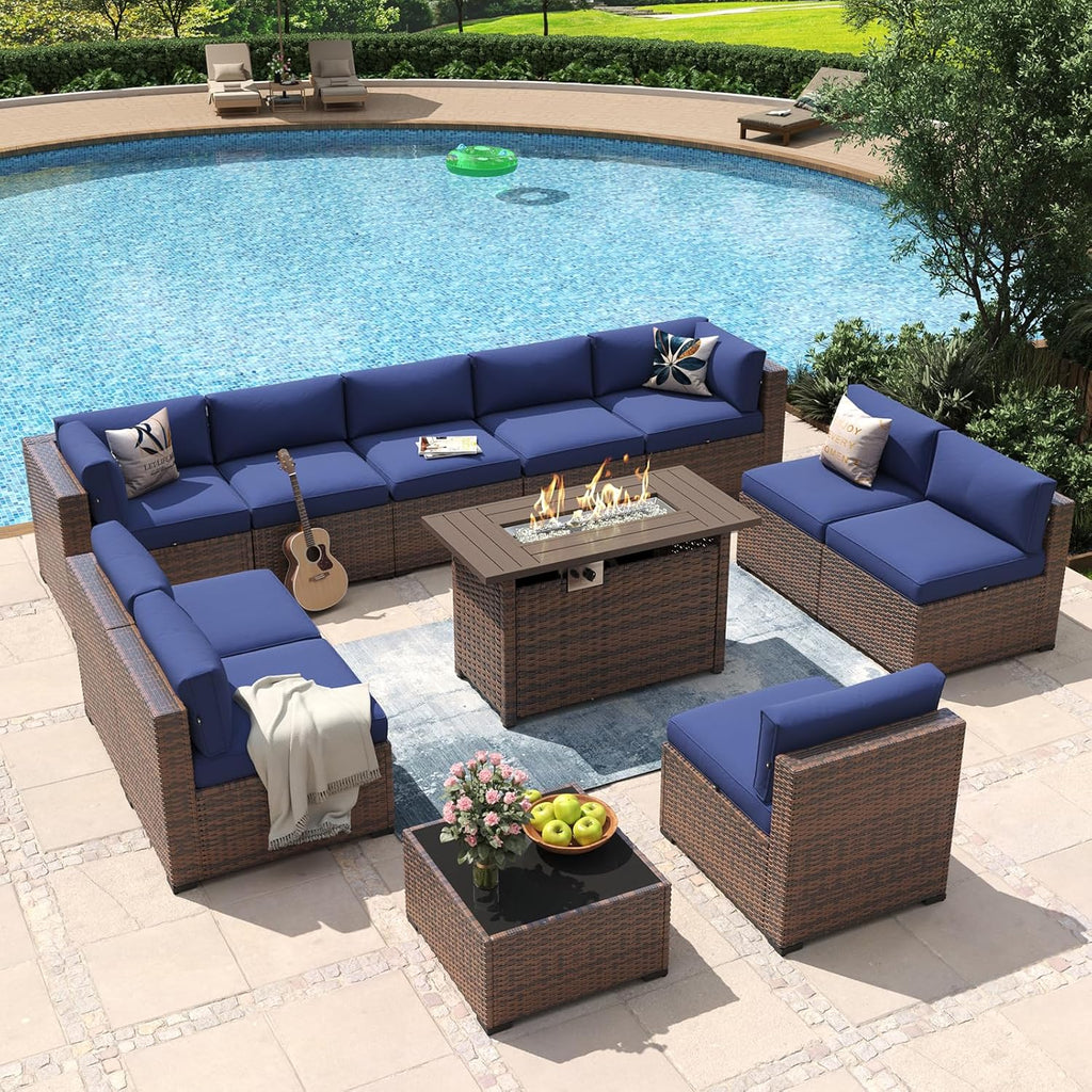 Aoxun 8 Piece Patio Furniture Set with 44?Fire Pit Table Wicker Rattan Outdoor Sectional Sofa Set with Coffee Table and Thickened Cushions, Beige (Waterproof Cover Included) woonhhop