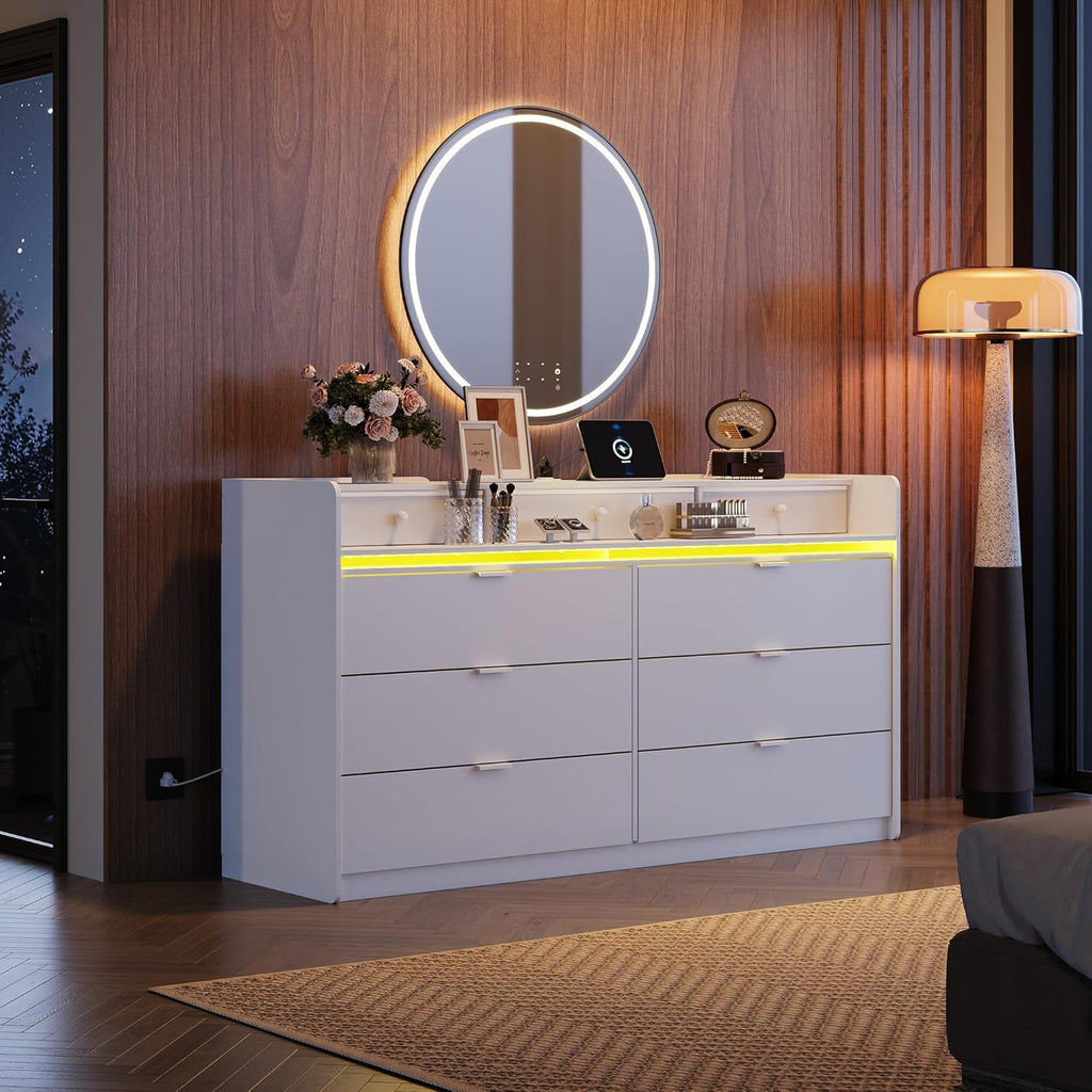9 Drawer Led Dresser for Bedroom, 58.35'' Wide Wood Dresser Storage Organizer with Power Outlets for 65'' TV, Dressers with Open Shelves wourant
