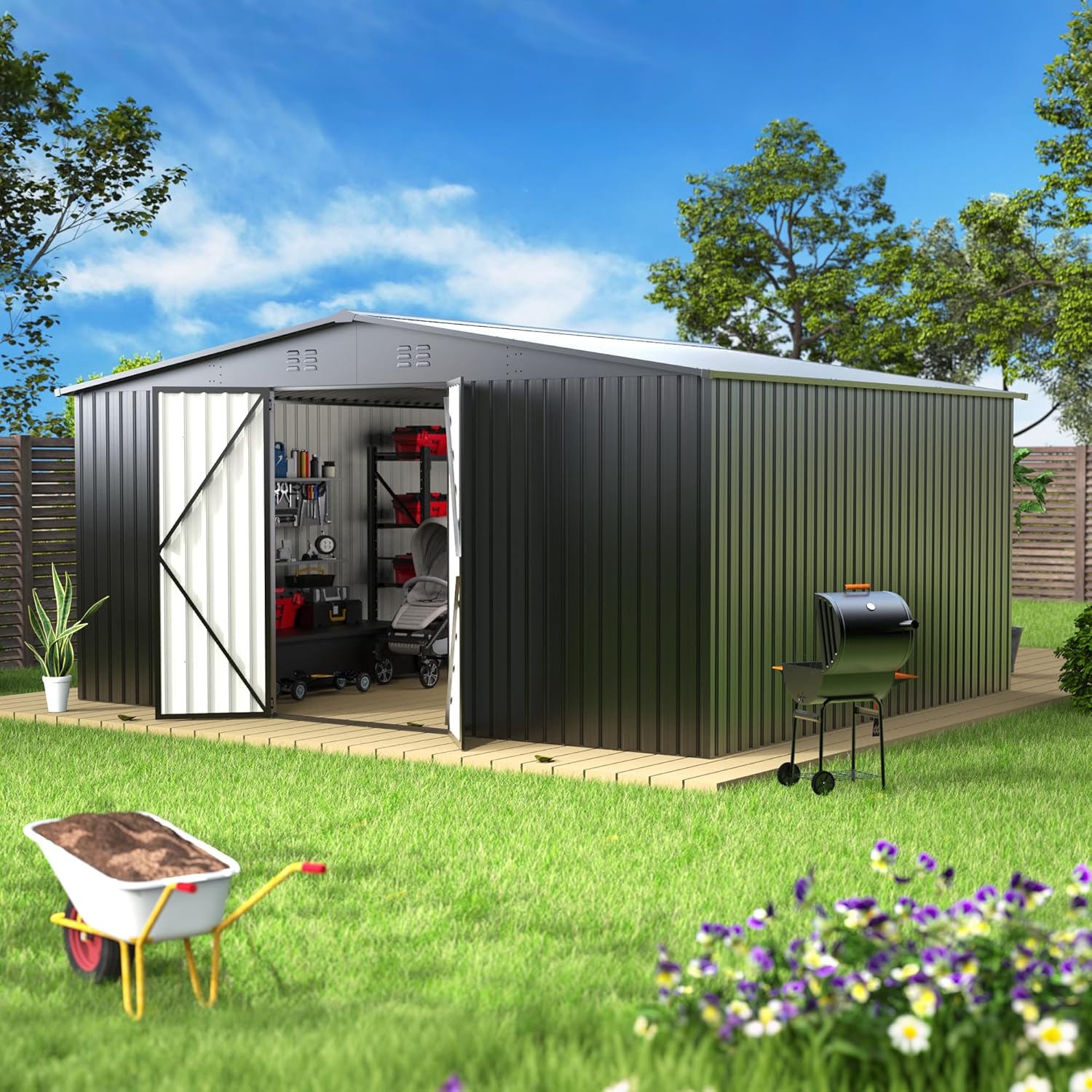 EASYHAWK 14 x 12FT Outdoor Storage Shed Metal Waterproof Storage Shed Steel Utility Garden wourant