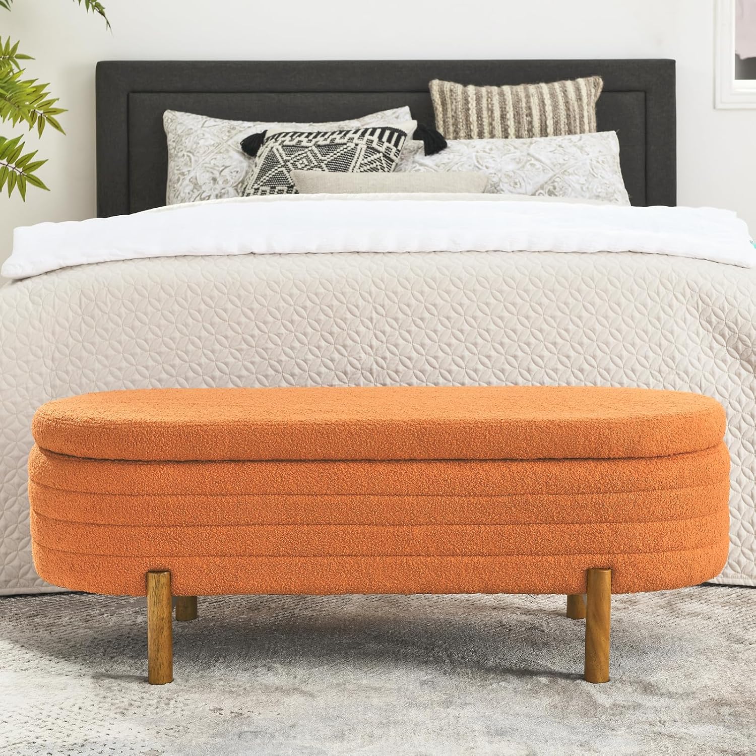 Furniliving Modern Storage Ottoman Bench, Sherpa Ottoman End of Bed Bench with Solid Wood Legs Upholstered Ottoman Benches with Storage Indoor Bench wourant