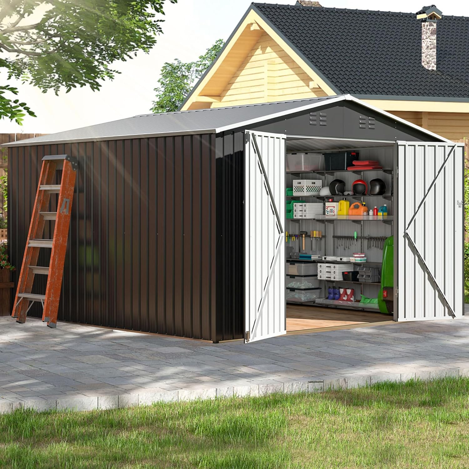 Polar Aurora 8 x 12 FT Outdoor Storage Shed, Metal Garden Shed with Updated Frame Structure, Tool Sheds for Backyard Garden Patio Lawn Black wourant
