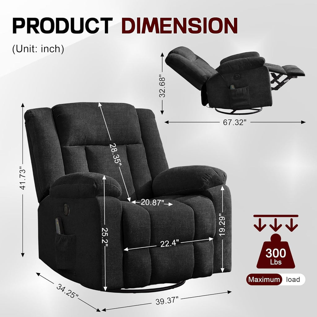 Rocker Recliner, Glider Recliner Chairs for Adults, 360° Swivel Rocking Chair with Massage and Heating, Nursery Chair with Storage and USB Charging for Living Room, Bedroom, Nursery wourant