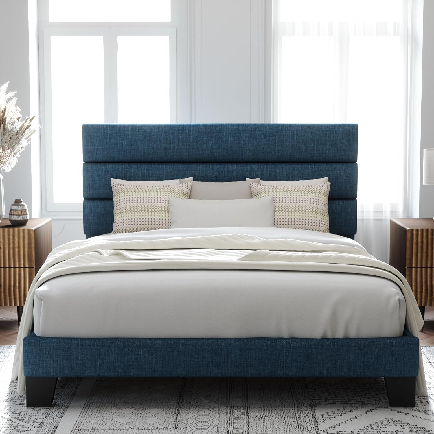 Allewie Queen Size Platform Bed Frame Fabric Upholstered Headboard Wooden Slats Support wourant