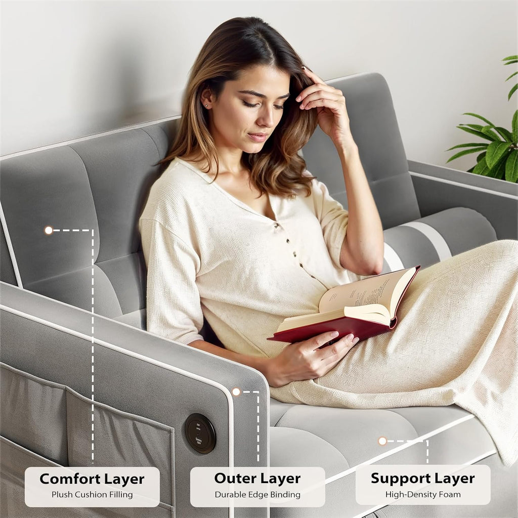 Pipishell 3 in 1 Convertible Sleeper Sofa Bed,Pull Out Couch for Living Room with USB Ports & Side Pockets,Adjustable Backrest,Velvet,Loveseat Sofa Bed,Futon Couches,Black wourant