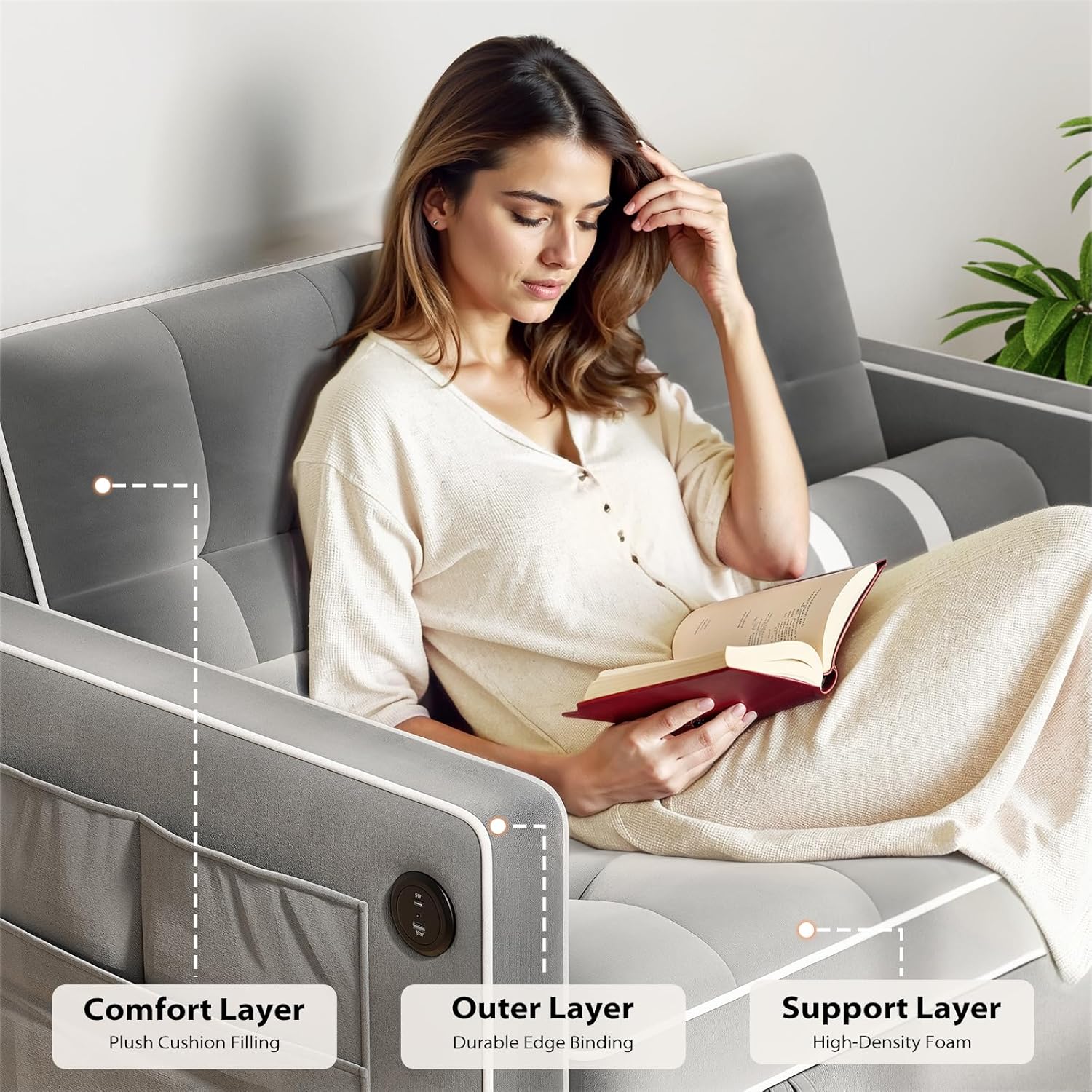 Pipishell 3 in 1 Convertible Sleeper Sofa Bed,Pull Out Couch for Living Room with USB Ports & Side Pockets,Adjustable Backrest,Velvet,Loveseat Sofa Bed,Futon Couches,Black wourant