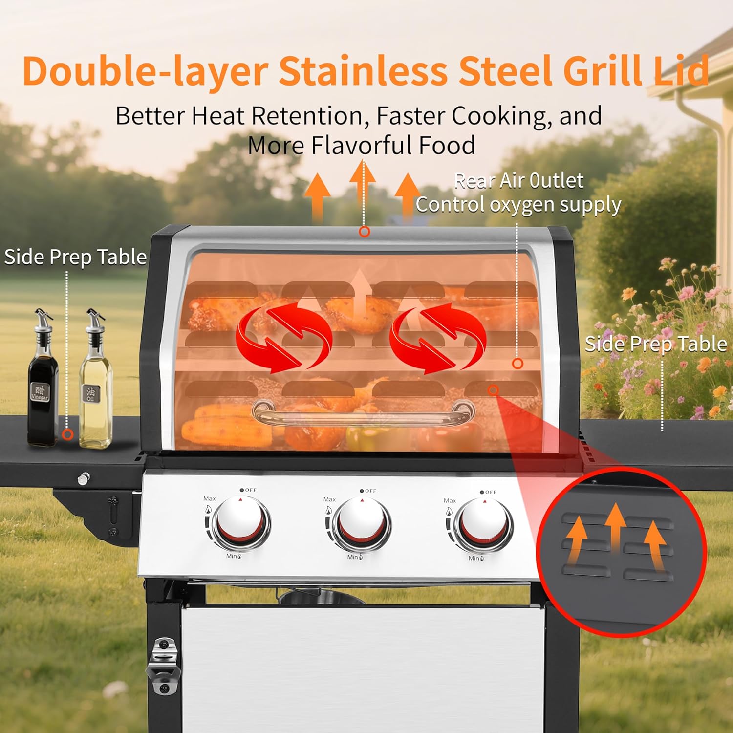 3-Burner Propane Gas Grill with 30,000 BTU Output - Double-layer Stainless Steel Grill Lid, Cast Iron Cooking Grids, Easy-Clean Grease Management & Even Heat Distribution for Perfect BBQs wourant