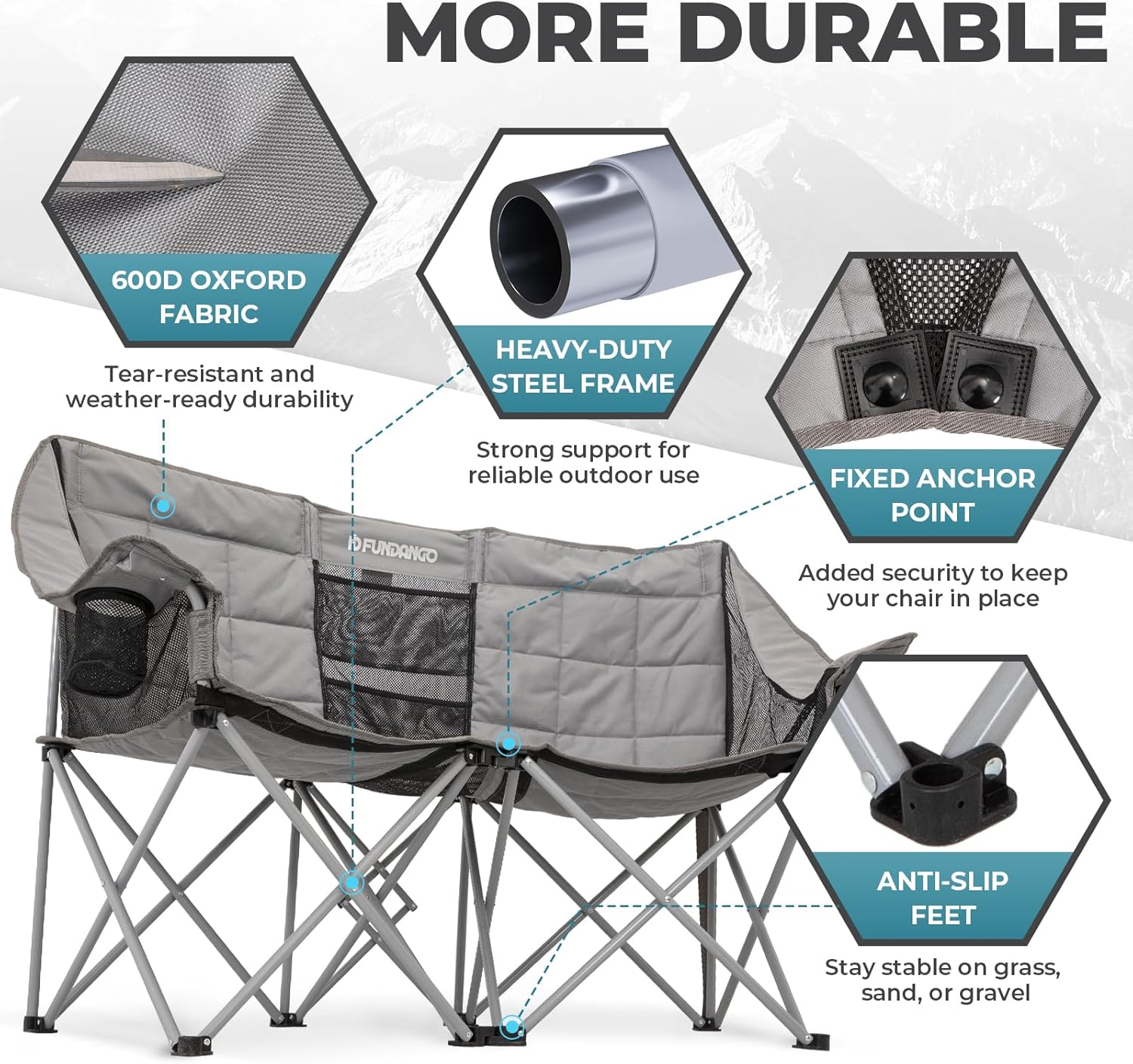 Double Camping Chair with Cooler 3-Person Folding Extra Large Camping Chair with 1000-Pound Load Capacity wourant