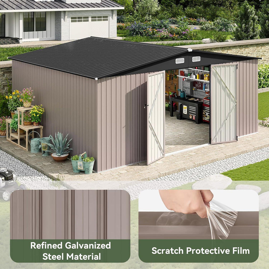 Aoxun 12x10 FT Shed Metal Outdoor Waterproof Storage Shed Steel Utility Garden Tool Shed with Door & Lock Outdoor Storage for Garden Patio Lawn Poolside, Brown wourant