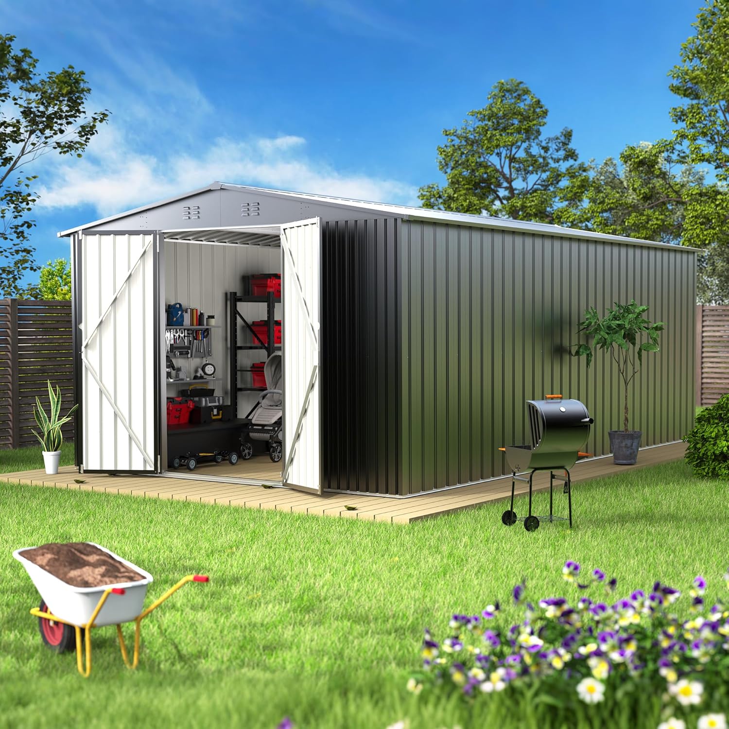 EASYHAWK 14 x 12FT Outdoor Storage Shed Metal Waterproof Storage Shed Steel Utility Garden wourant