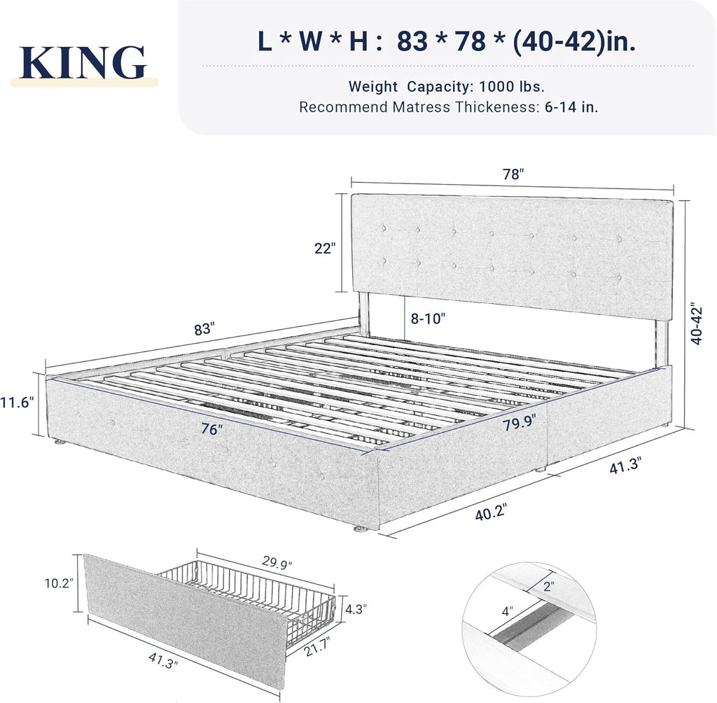 Allewie Upholstered Queen Size Platform Bed Frame with 4 Storage Drawers and Headboard wourant