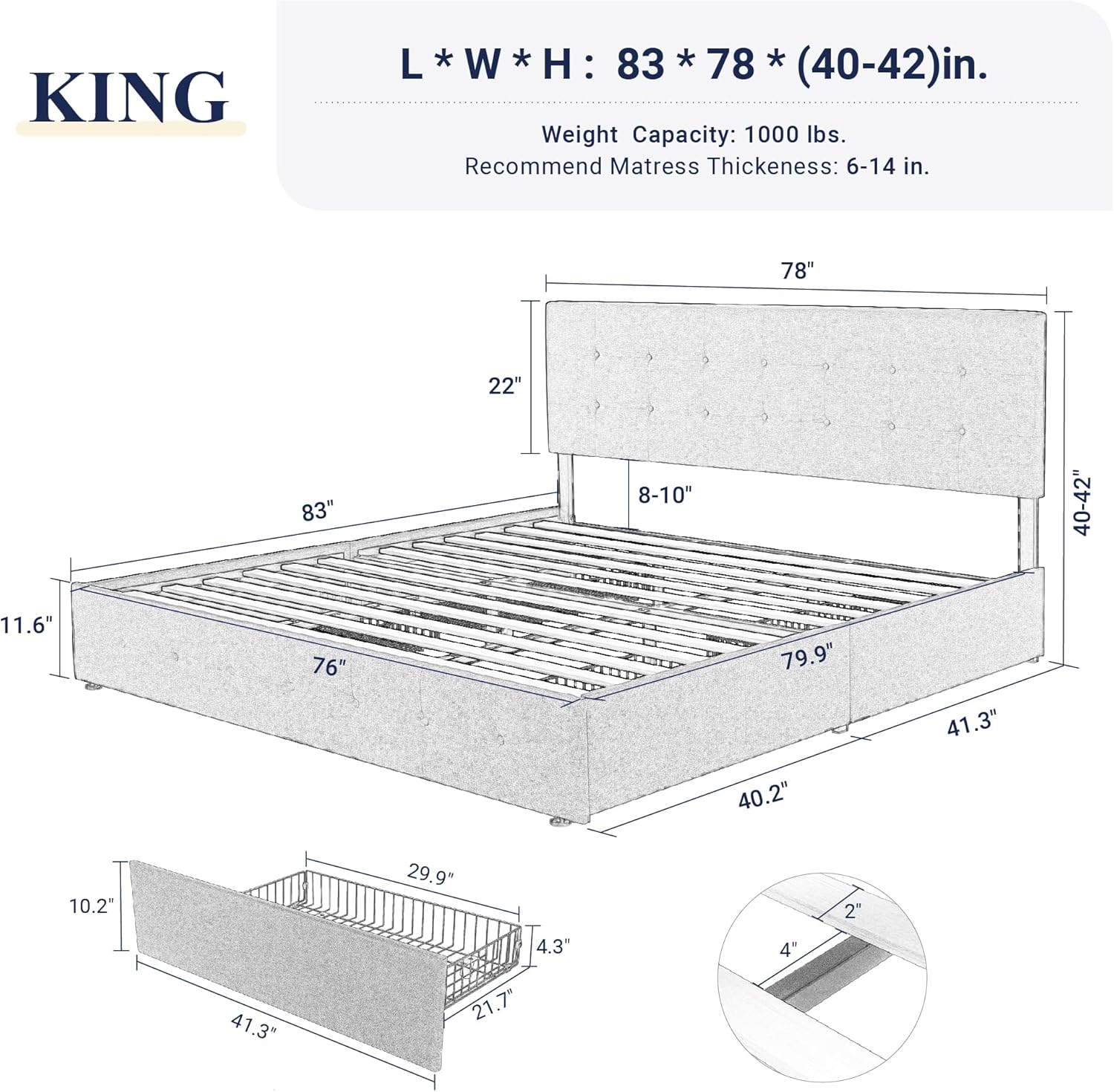 Allewie Upholstered Queen Size Platform Bed Frame with 4 Storage Drawers and Headboard wourant