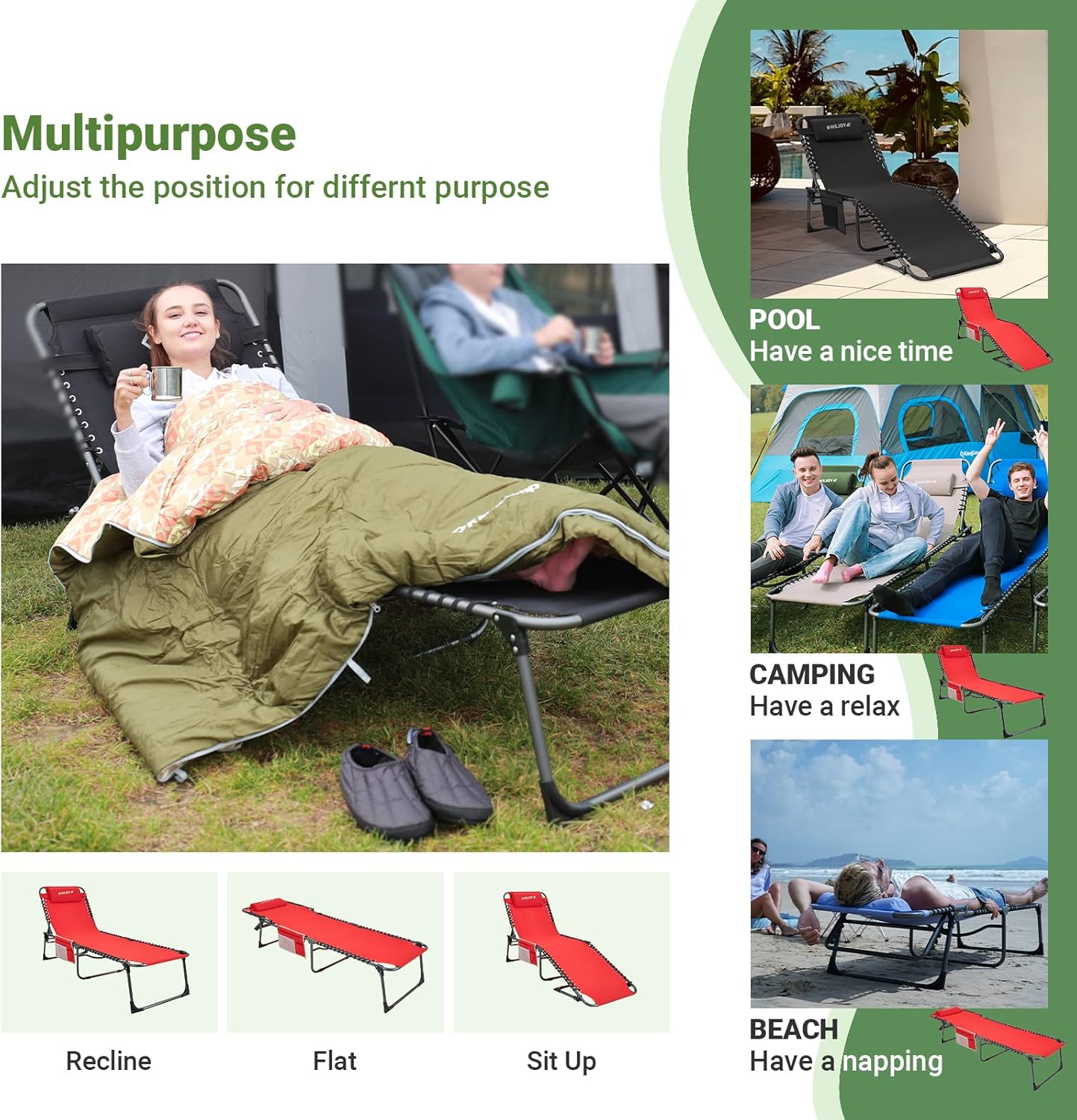 2 Pack Outdoor Chaise Lounge Chair - Portable Folding Patio Pool Lounge Chair, 5 Positions Adjustable Reclining Camping Chair with Side Table,Shoulder Strap, Pillow for Beach Sunbathing Lawn wourant