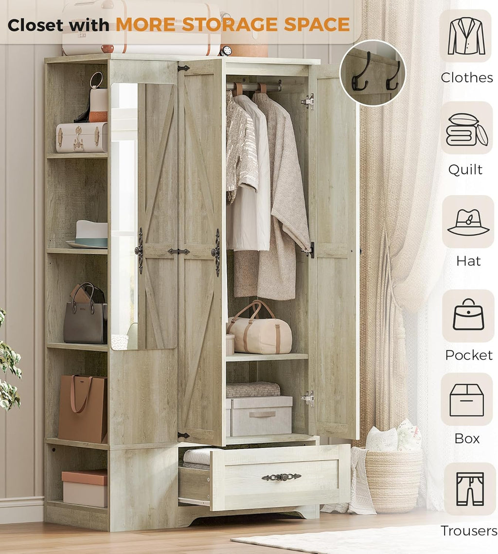ANCTOR Armoire Wardrobe Closet with Mirror, 70" H Wooden Bedroom Armoires and Wardrobes wourant