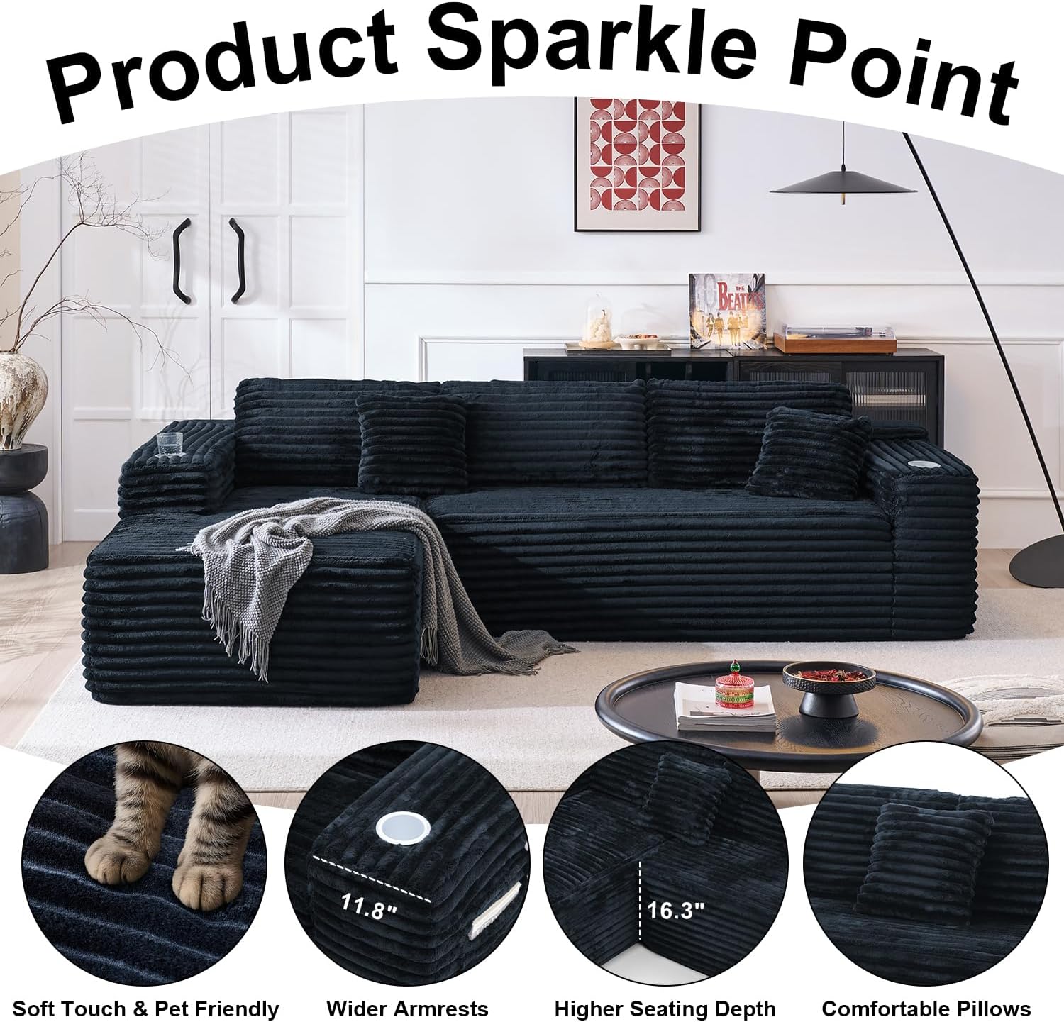Cloud Sectional Couch with L-Shape Chaise, Modern Modular Sofa with Deep Seat, Built-in Cup Holder & Storage Pocket for Living Room Bedroom, No Assembly Required (Dark Gray, Left Sitting Chaise) wourant