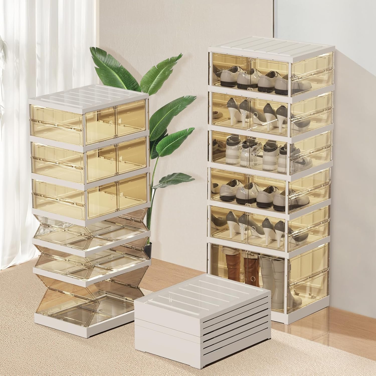 Collapsible Shoe Rack Organizer Shoe Cabinet with Doors Large Plastic Folding Shoe Cabinet wourant