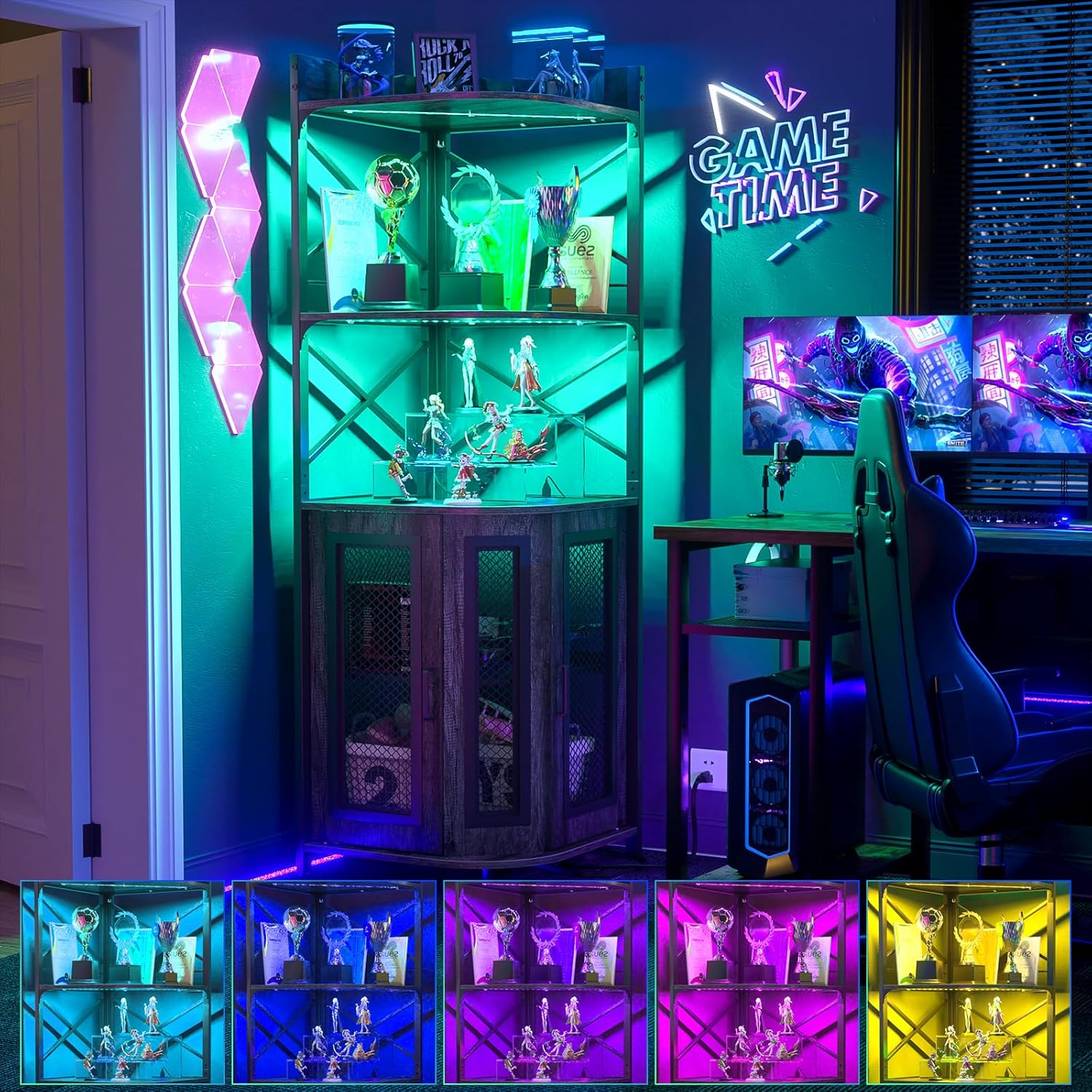 Corner bar cabinet with power socket, industrial style wine cabinet with LED light strip and glass rack, home five-layer wine cabinet bar unit, small space corner display cabinet wourant