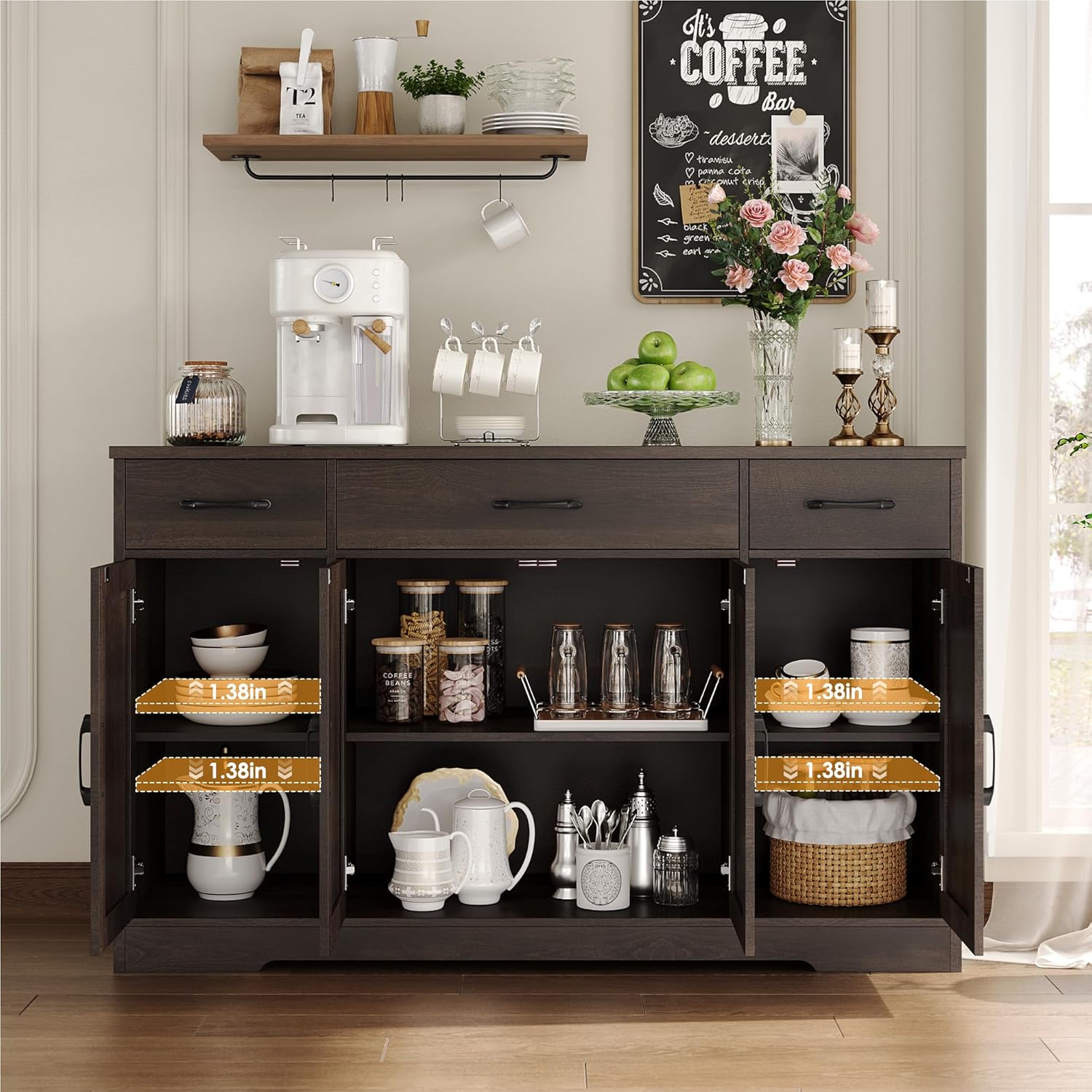 Sideboard with drawers, large 55-inch sideboard, sideboard storage with shelves and doors, modern farmhouse coffee bar wood kitchen dining table wourant