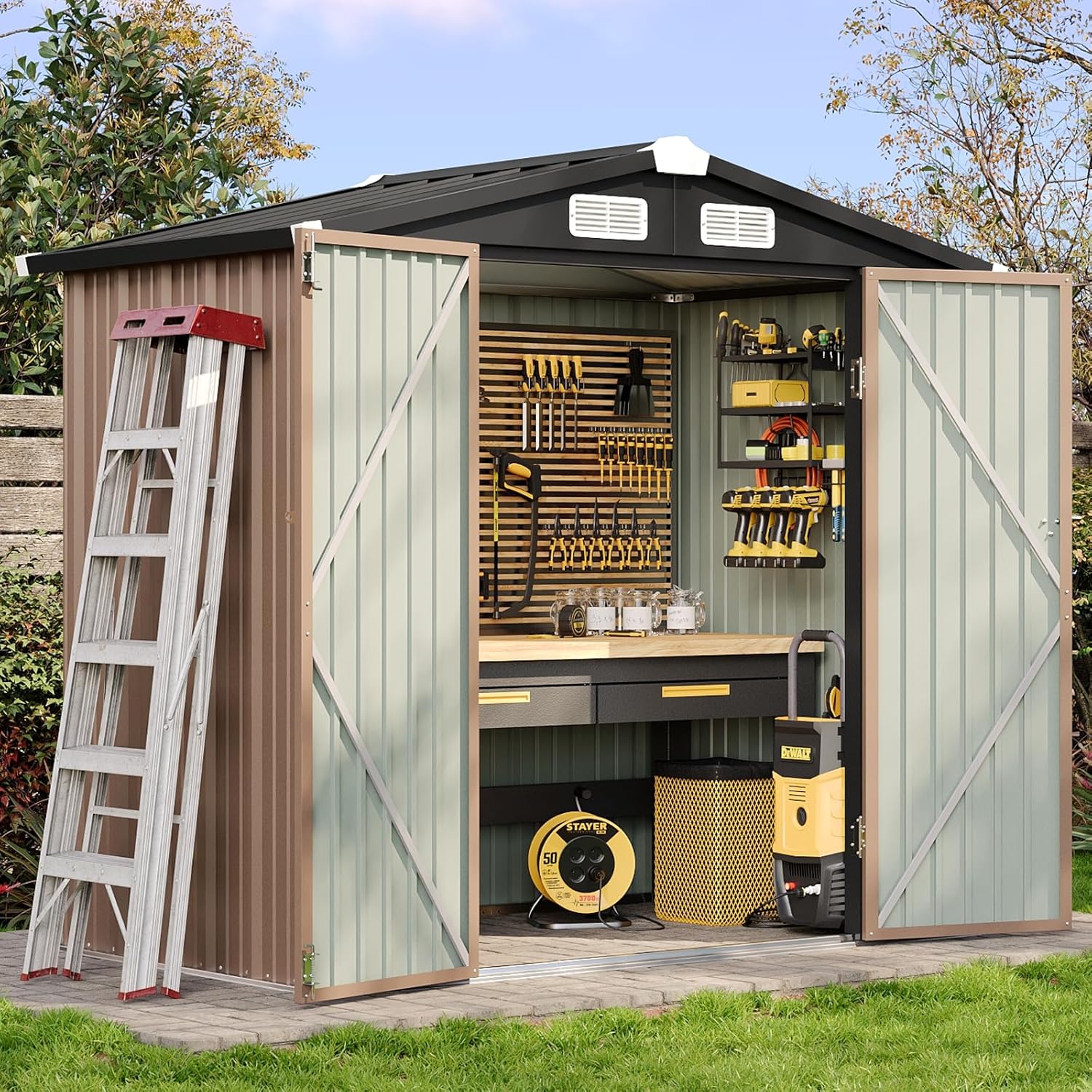 Aoxun 6.2x4 FT Shed Outdoor Storage Shed with Lockable Doors Sloping Roof Metal Garden wourant