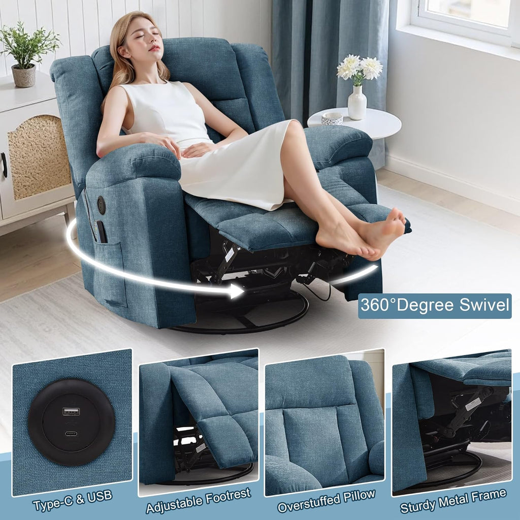 Adult rocking chair, gliding recliner, 360° rotating rocking chair with massage and heating function wourant