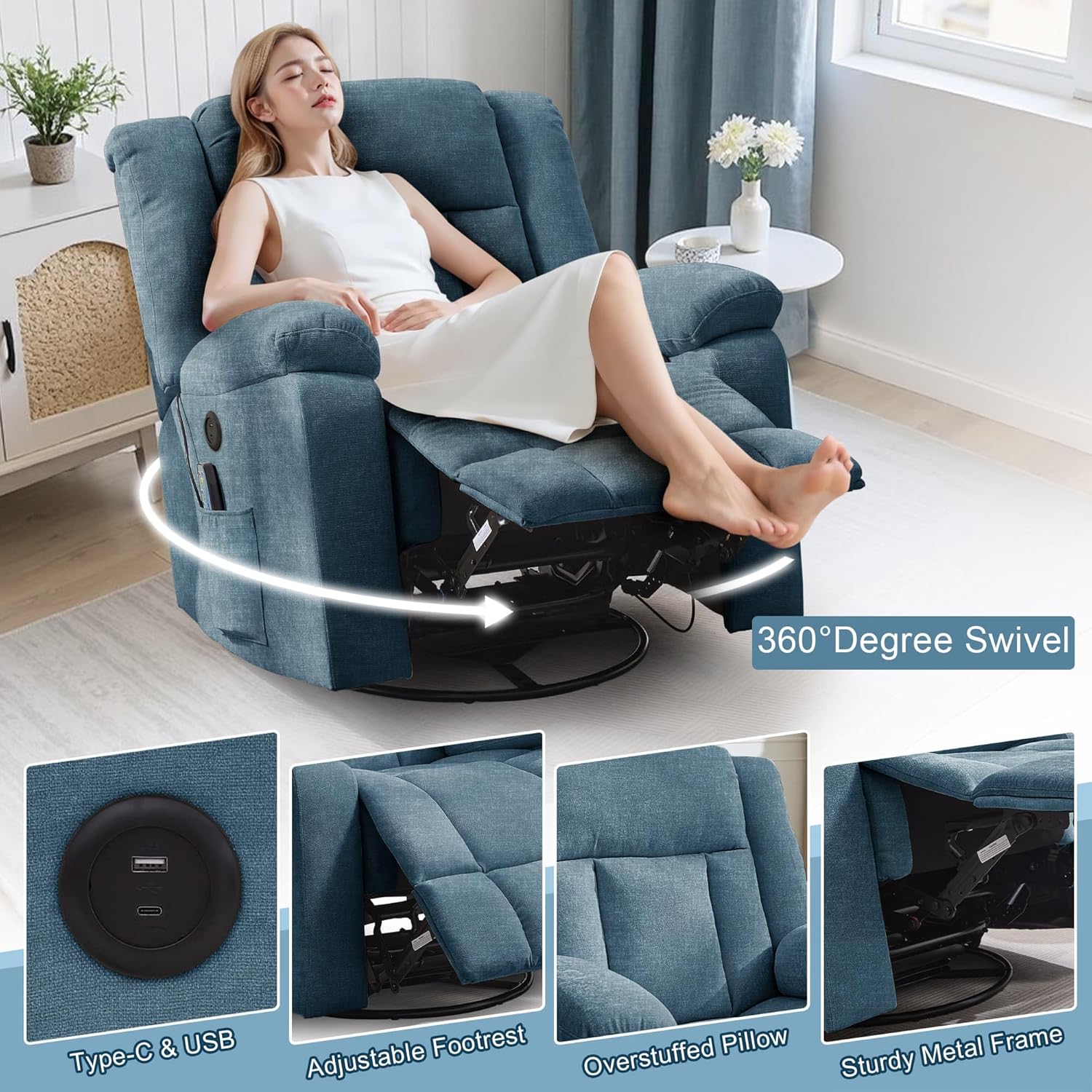 Adult rocking chair, gliding recliner, 360° rotating rocking chair with massage and heating function wourant