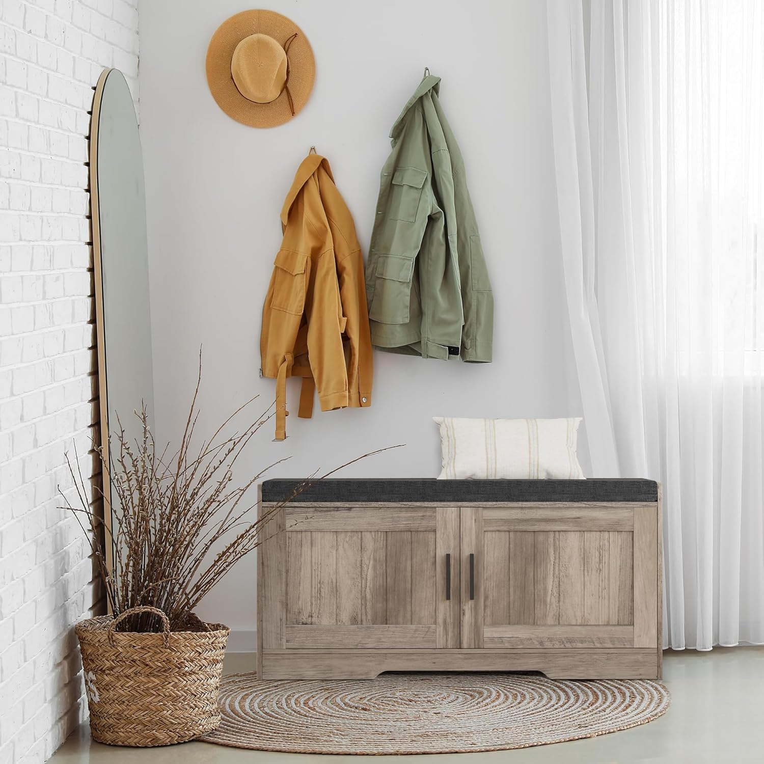 2-Tier Storage Bench, Shoe Bench with Thickened Padded Seat Cushion, Entryway Bench with 4 Doors, Adjustable Shelf, 13.8" D x 45.3" W x 18.5" H, for Entryway, Living Room, Bedroom, White wourant